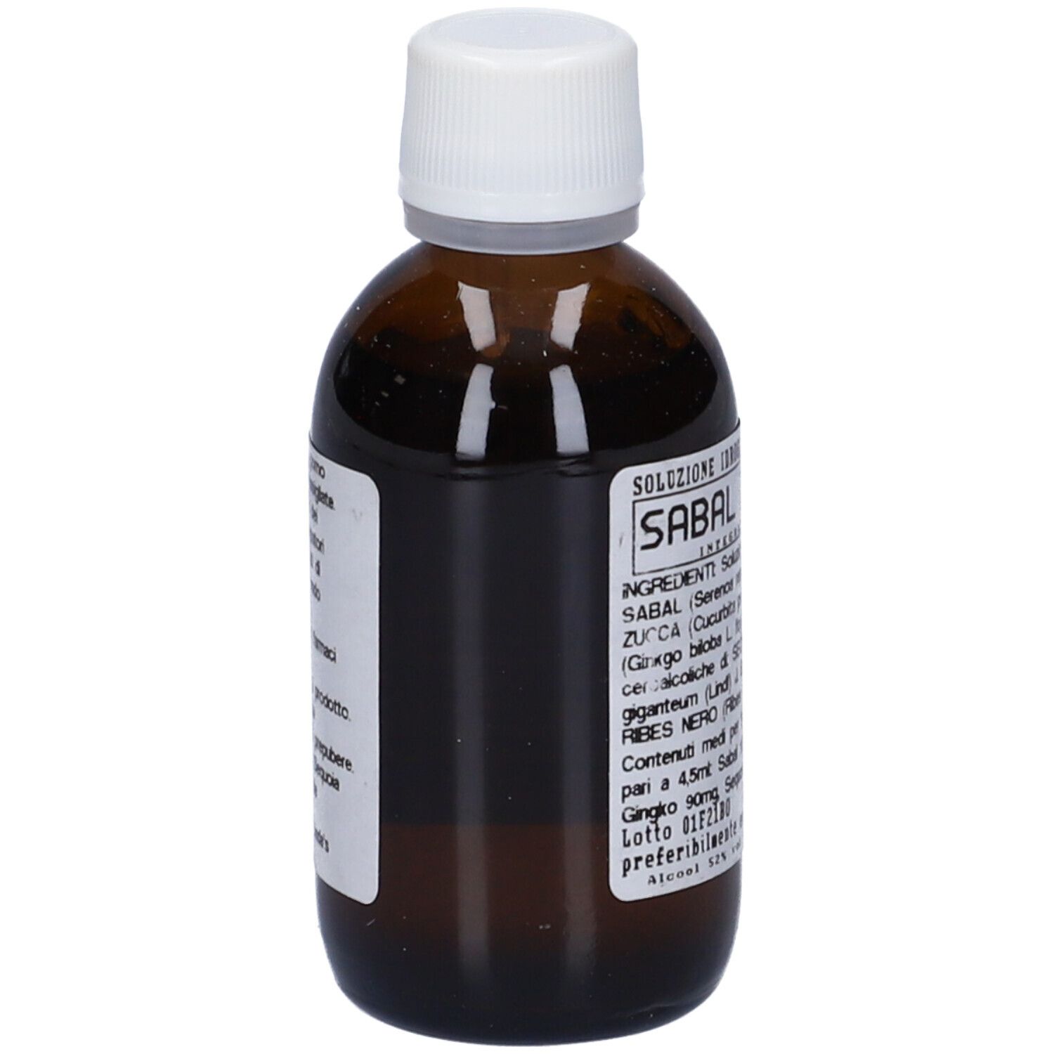Flacone di vetro marrone con tappo bianco. Etichetta con testo. Nome prodotto: Sabal Linda's.