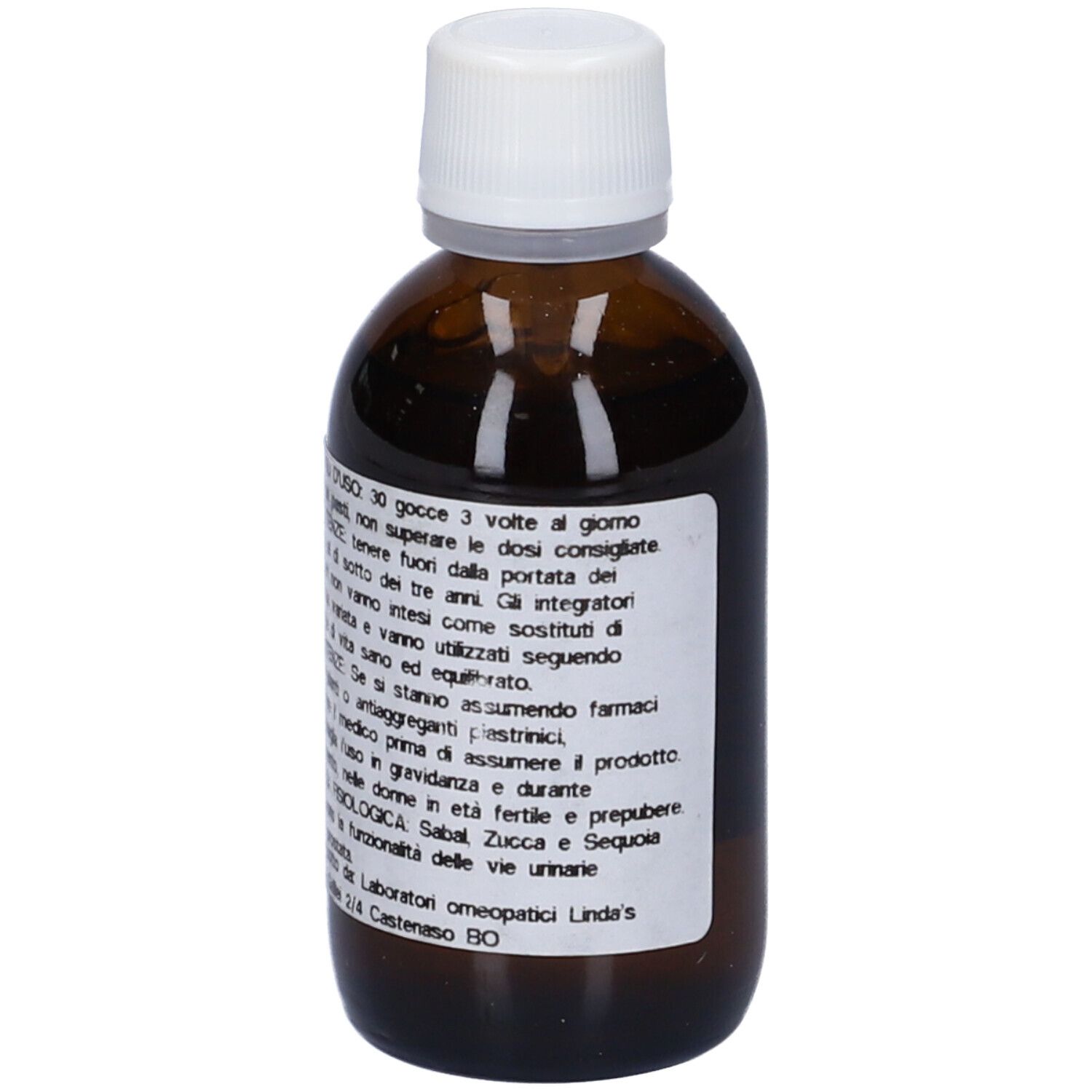 Flacone di vetro marrone con tappo bianco. Etichetta con testo. Nome prodotto: Sabal Linda's.