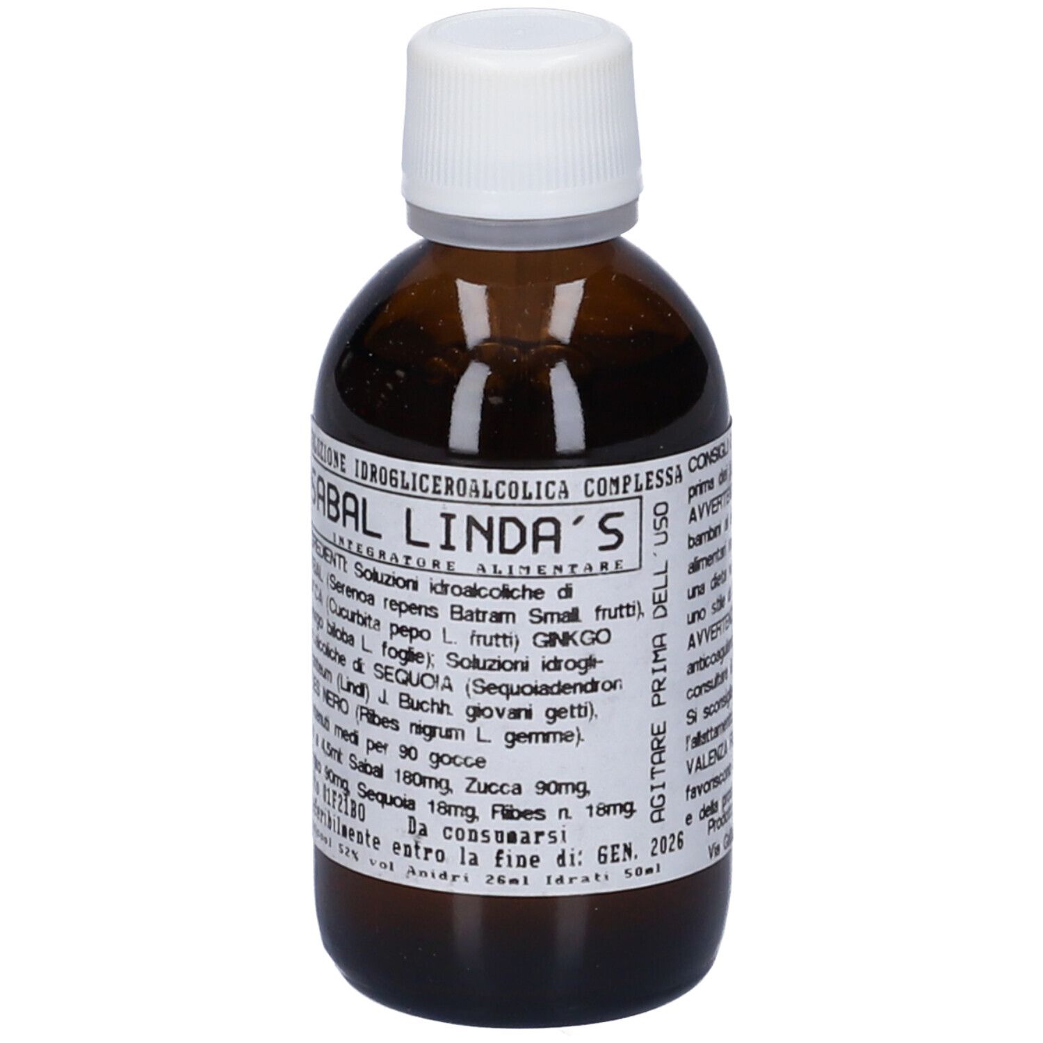 Flacone di vetro marrone con tappo bianco. Etichetta con testo. Nome prodotto: Sabal Linda's.