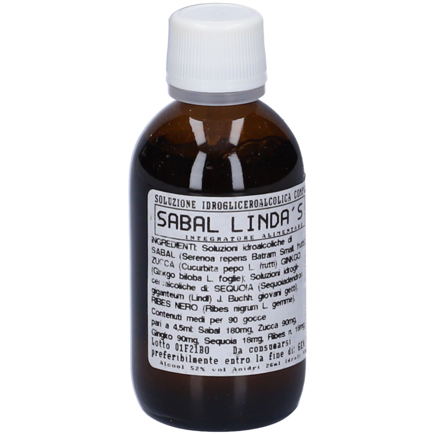 Flacone di vetro marrone con tappo bianco. Etichetta con testo. Nome prodotto: Sabal Linda's.
