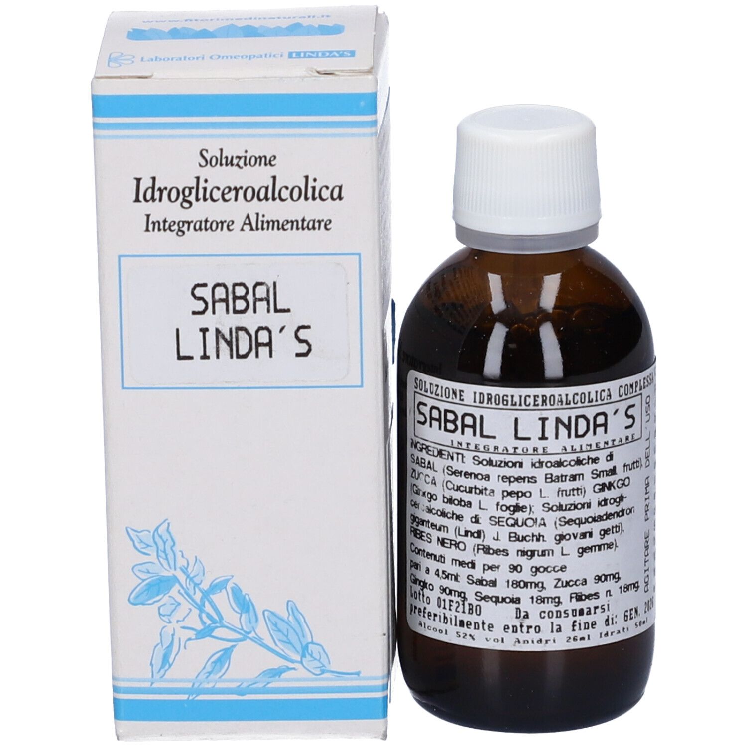 Flacone di vetro marrone con tappo bianco e scatola. Nome prodotto: Sabal Linda's.