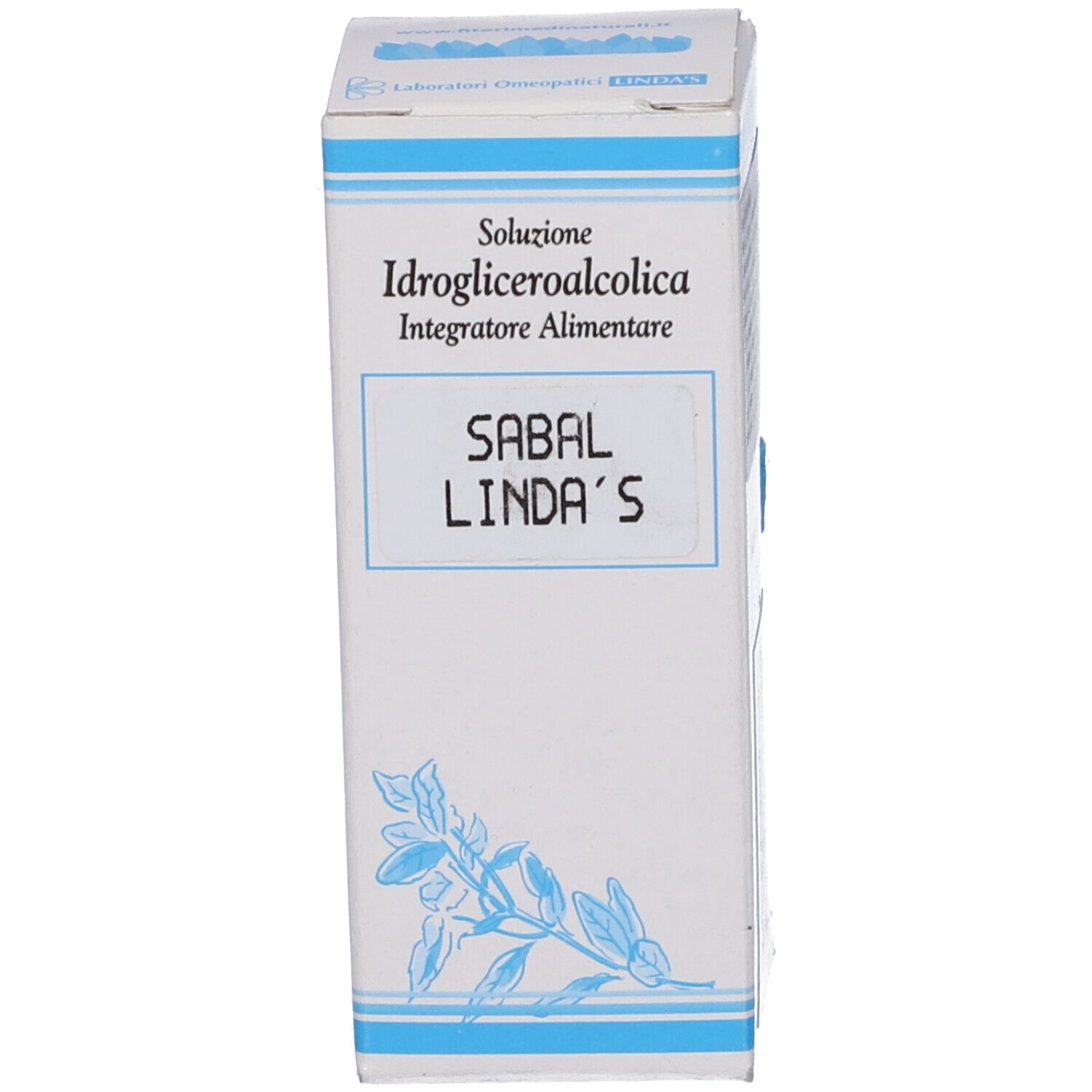 Scatola bianca con logo blu e testo. Nome prodotto: Sabal Linda's.