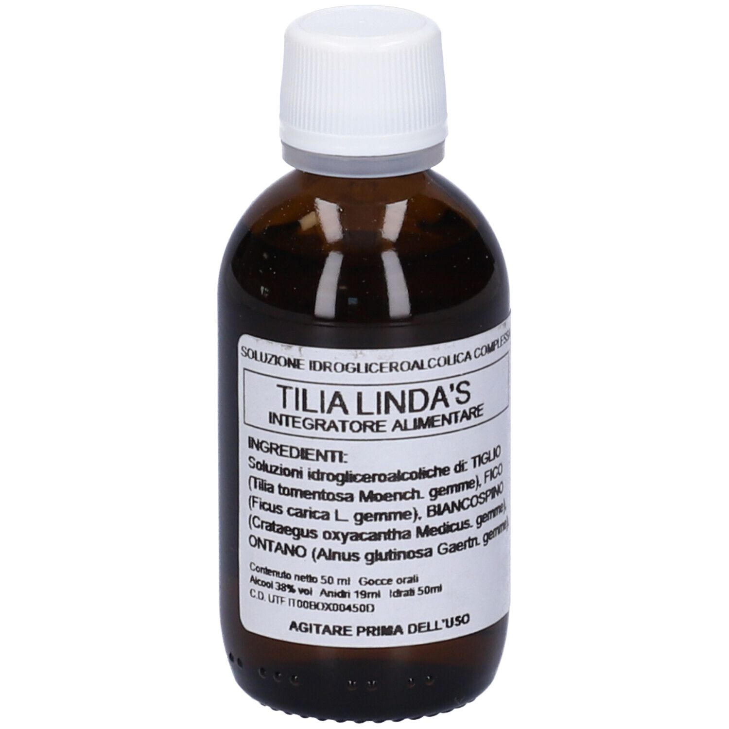 Flacone di vetro marrone con tappo bianco. Scritta Tilia Linda's, ingredienti e informazioni.