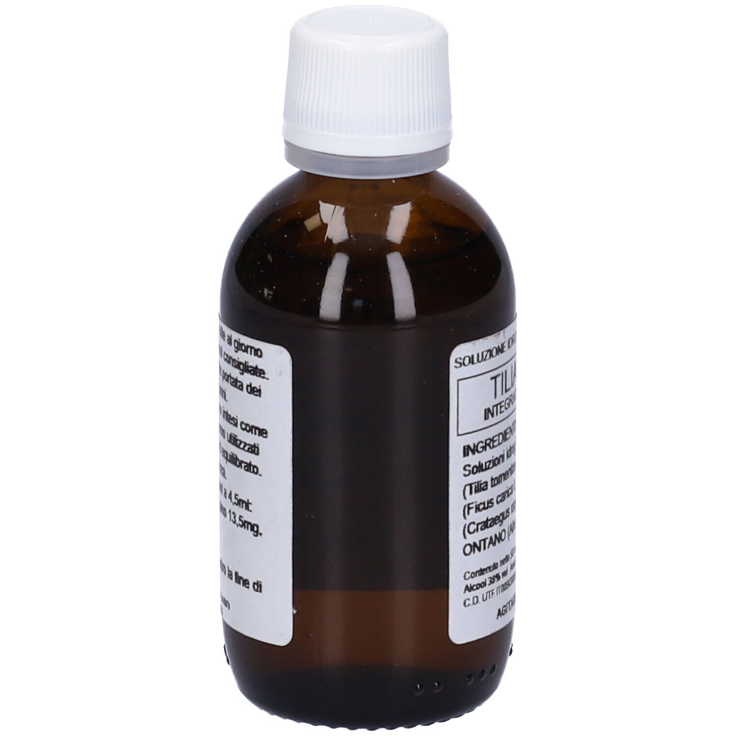 Flacone di vetro marrone con tappo bianco. Scritta Tilia Linda's, ingredienti e informazioni.