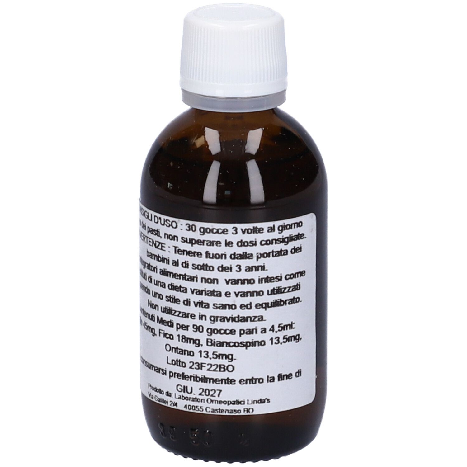 Flacone di vetro marrone con tappo bianco. Scritta Tilia Linda's, ingredienti e informazioni.