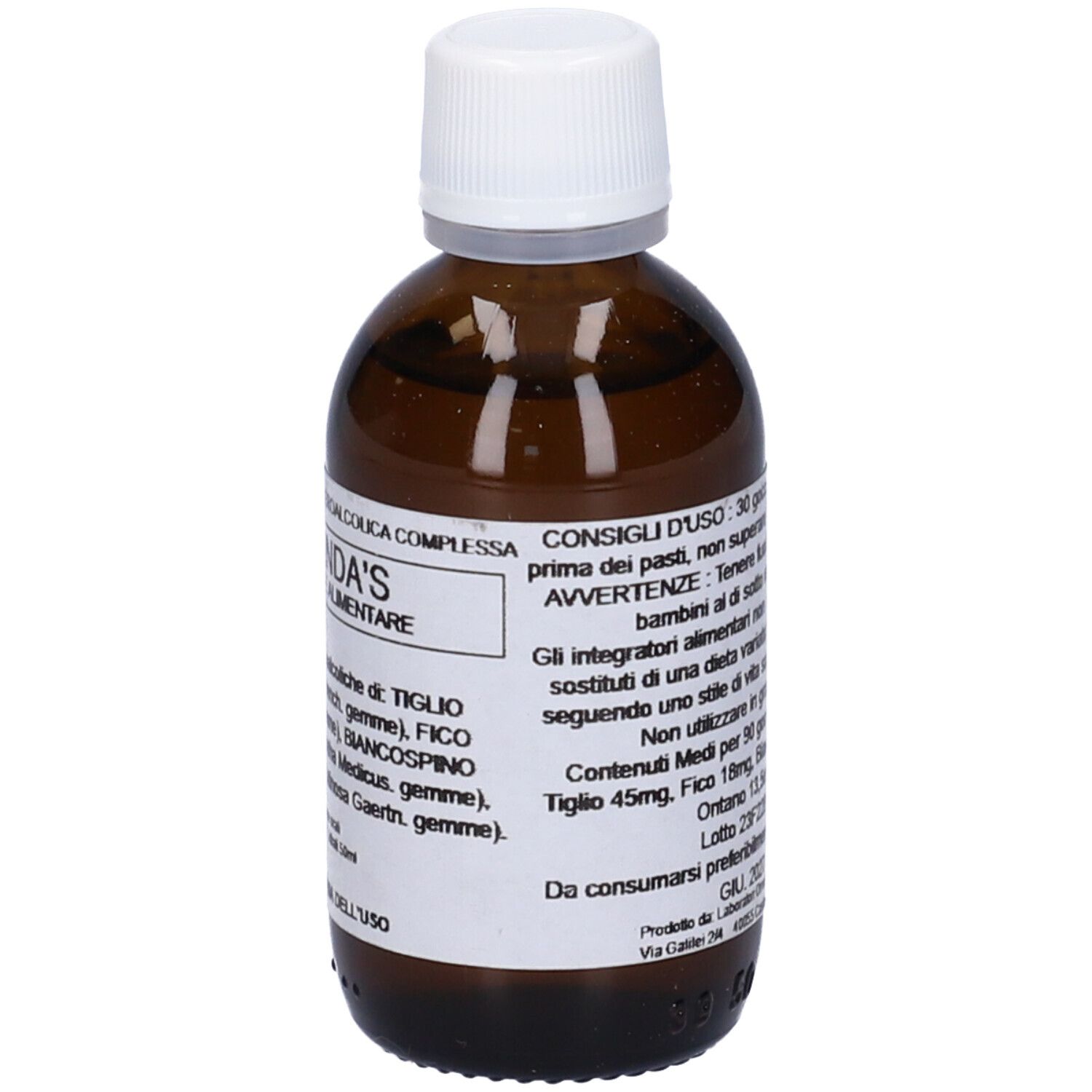 Flacone di vetro marrone con tappo bianco. Scritta Tilia Linda's, ingredienti e informazioni.