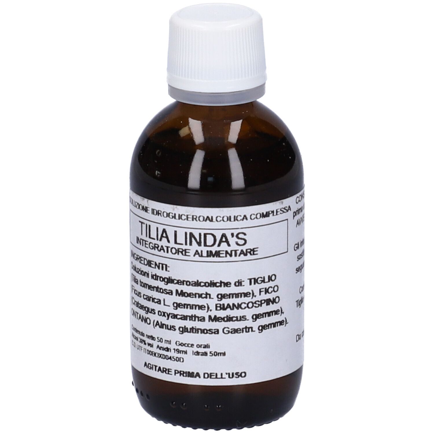 Flacone di vetro marrone con tappo bianco. Scritta Tilia Linda's, ingredienti e informazioni.