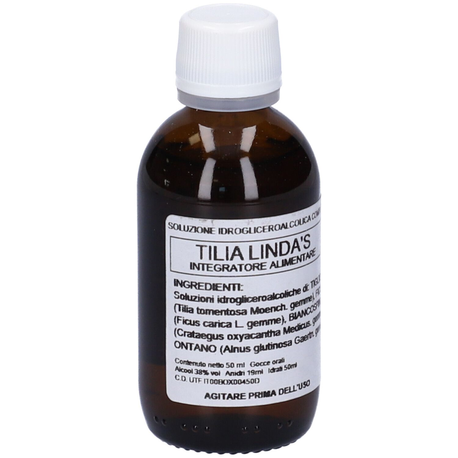 Flacone di vetro marrone con tappo bianco. Scritta Tilia Linda's, ingredienti e informazioni.