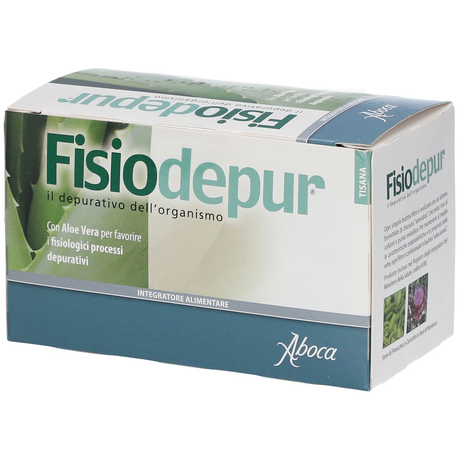 Scatola 'Fisiodepur' con testo e Aloe Vera. Marchio Aboca®. Scritta 'Tisana'. Confezione del prodotto.