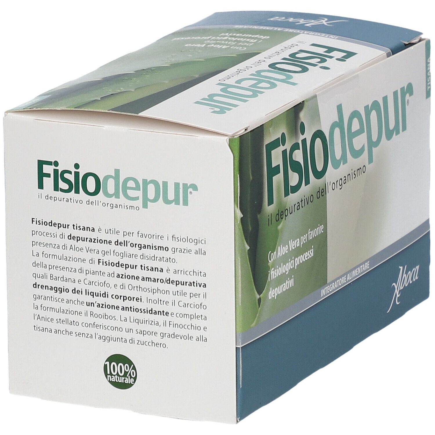 Scatola 'Fisiodepur' con testo e Aloe Vera. Marchio Aboca®. Scritta 'Tisana'. Confezione del prodotto.