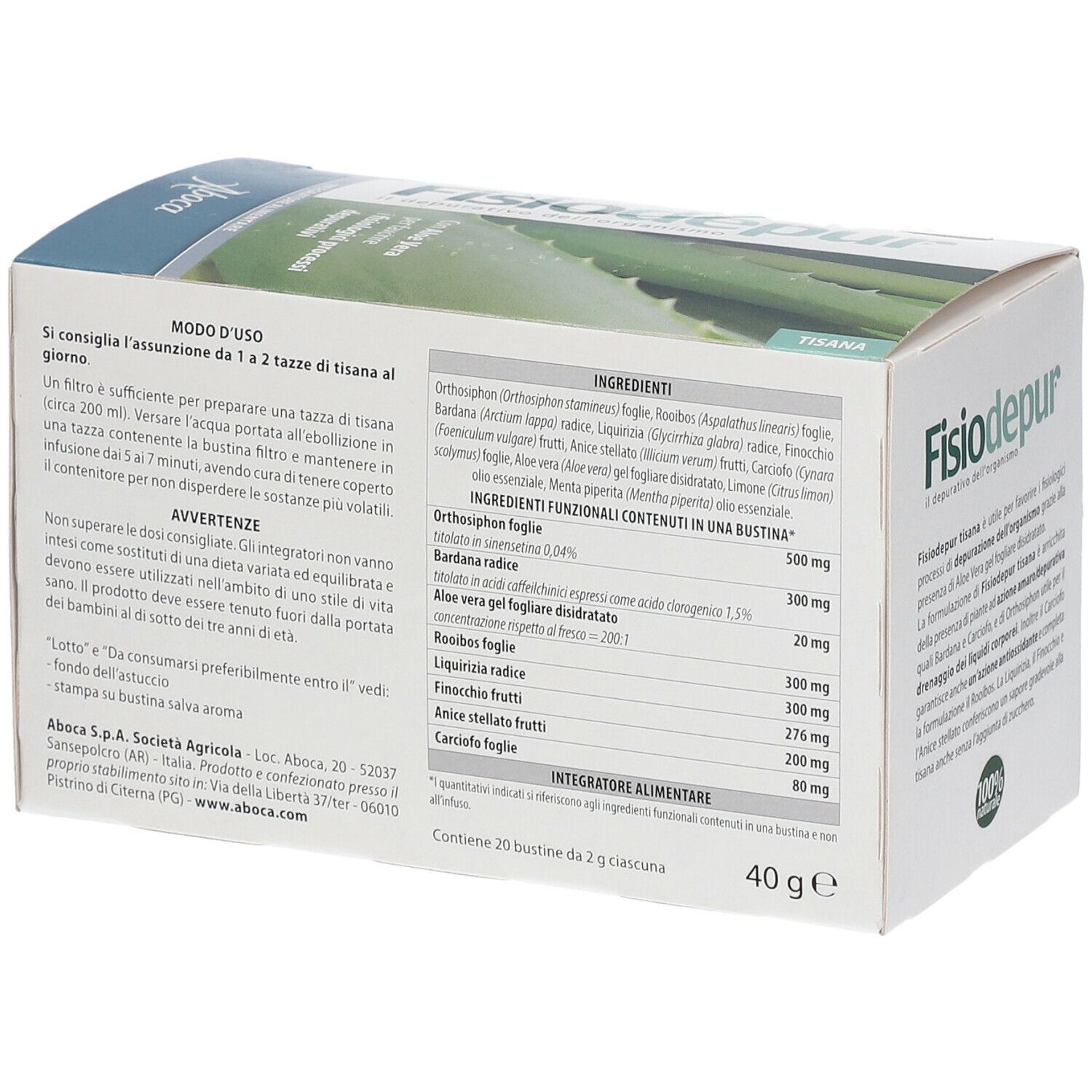 Scatola 'Fisiodepur' con testo e Aloe Vera. Marchio Aboca®. Scritta 'Tisana'. Confezione del prodotto.