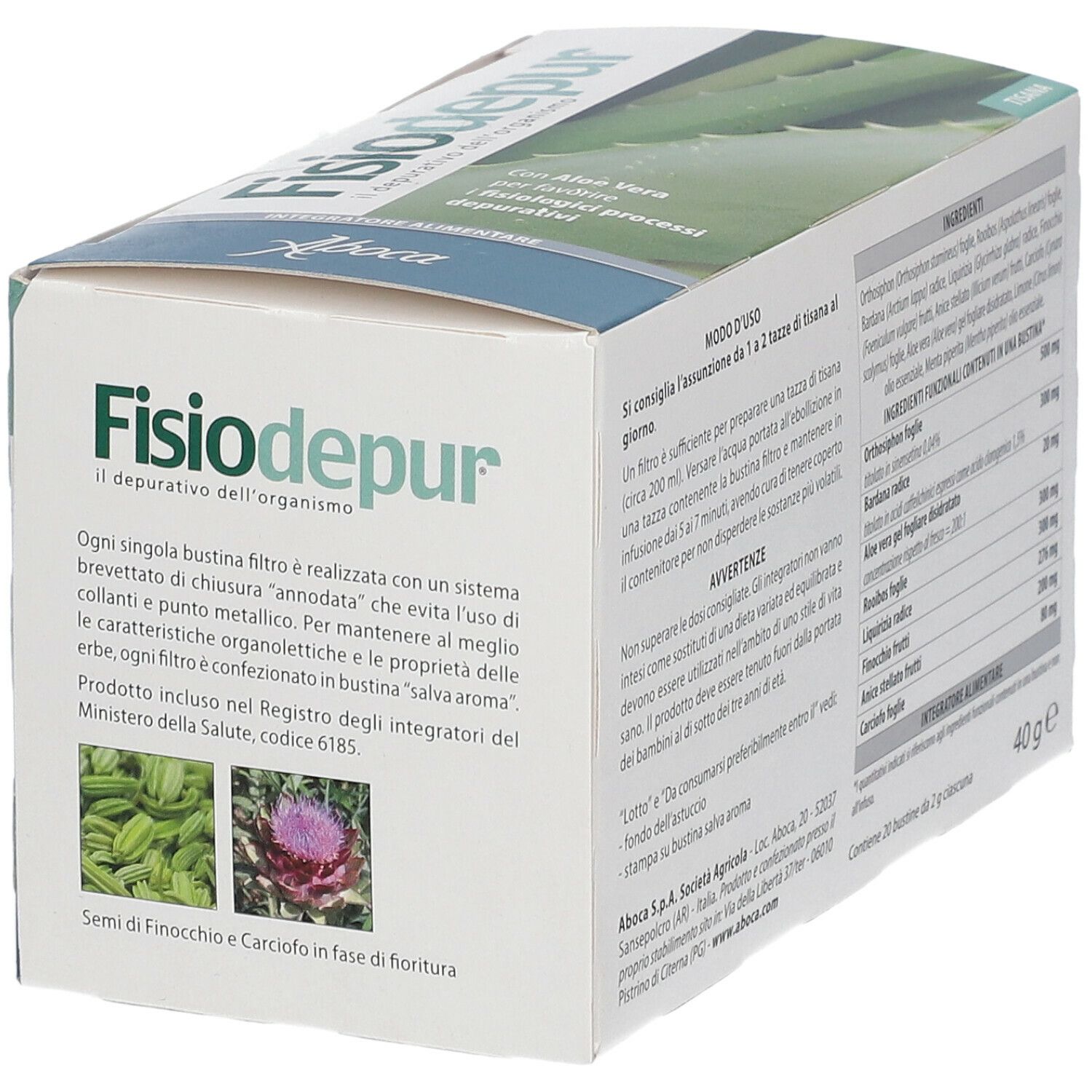 Scatola 'Fisiodepur' con testo e Aloe Vera. Marchio Aboca®. Scritta 'Tisana'. Confezione del prodotto.