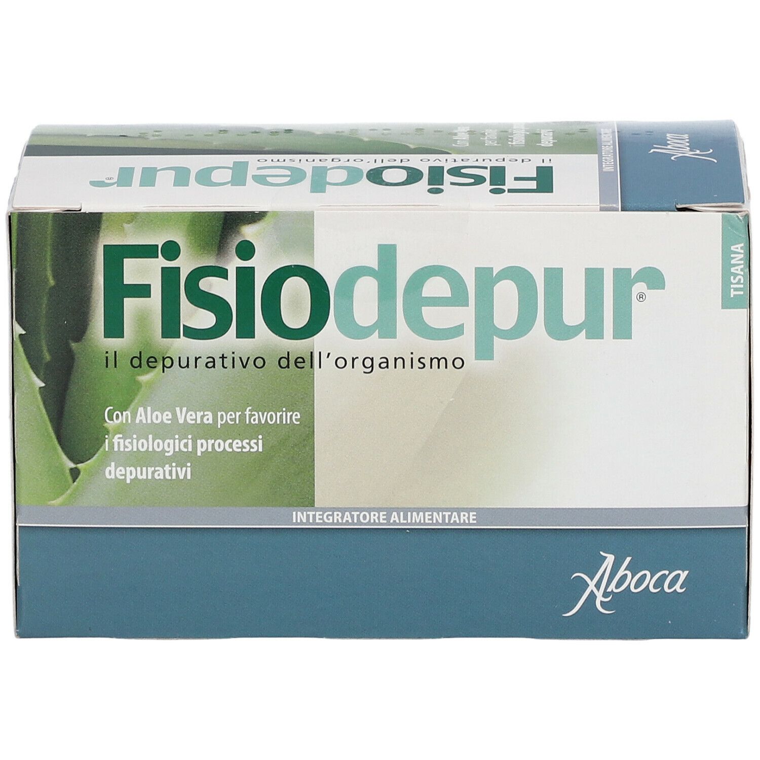 Scatola 'Fisiodepur' con testo e Aloe Vera. Marchio Aboca®. Scritta 'Tisana'. Confezione del prodotto.