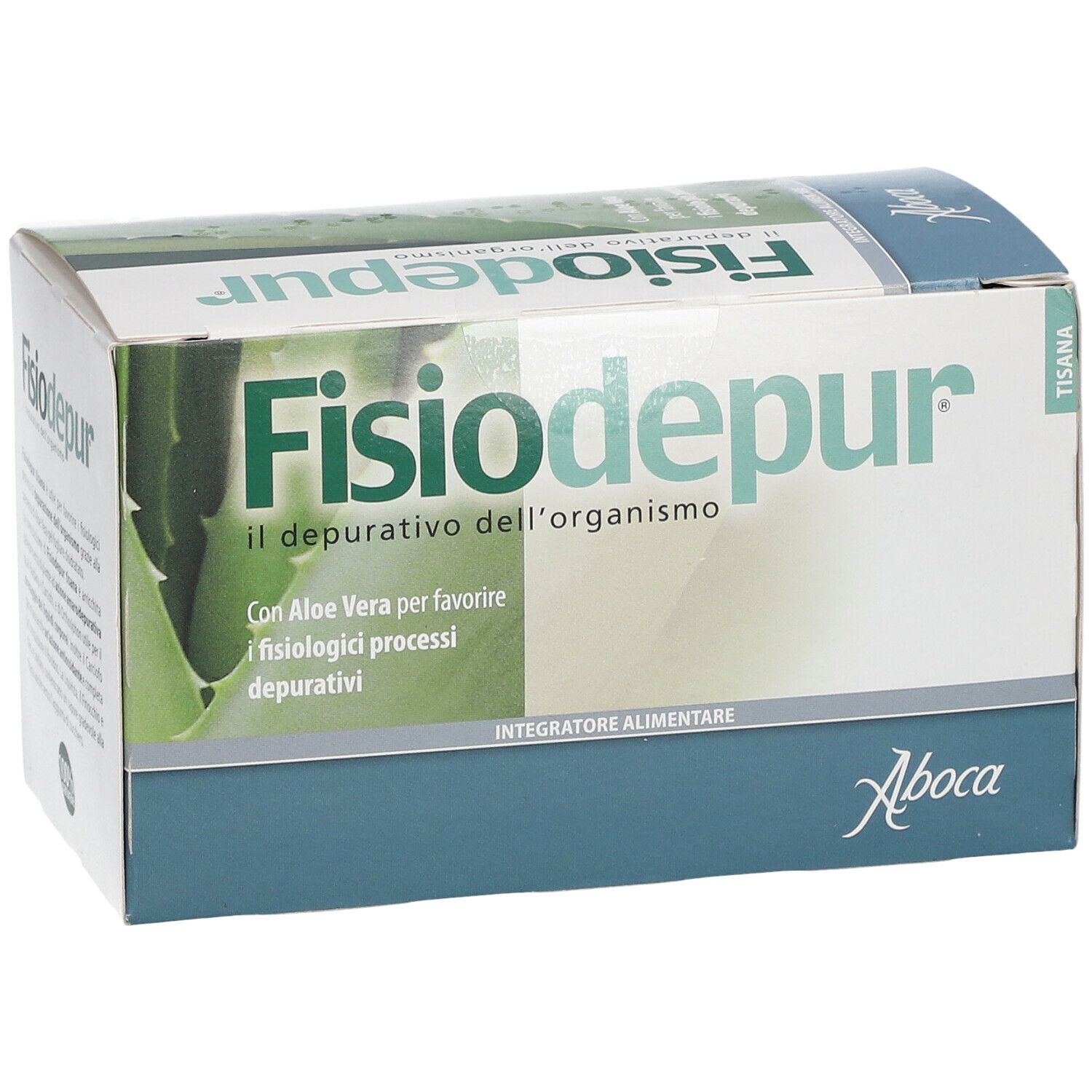 Scatola 'Fisiodepur' con testo e Aloe Vera. Marchio Aboca®. Scritta 'Tisana'. Confezione del prodotto.