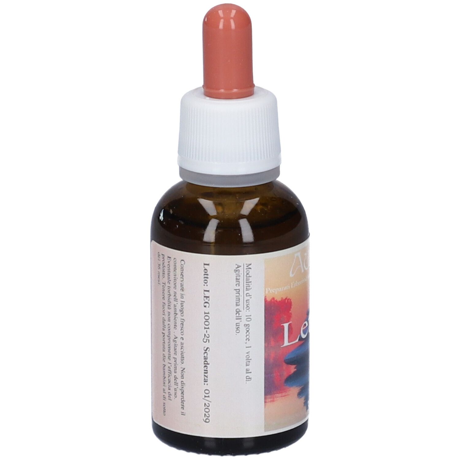 Flacone di vetro marrone con contagocce. Retro con testo. Etichetta con numero di lotto e data di scadenza.