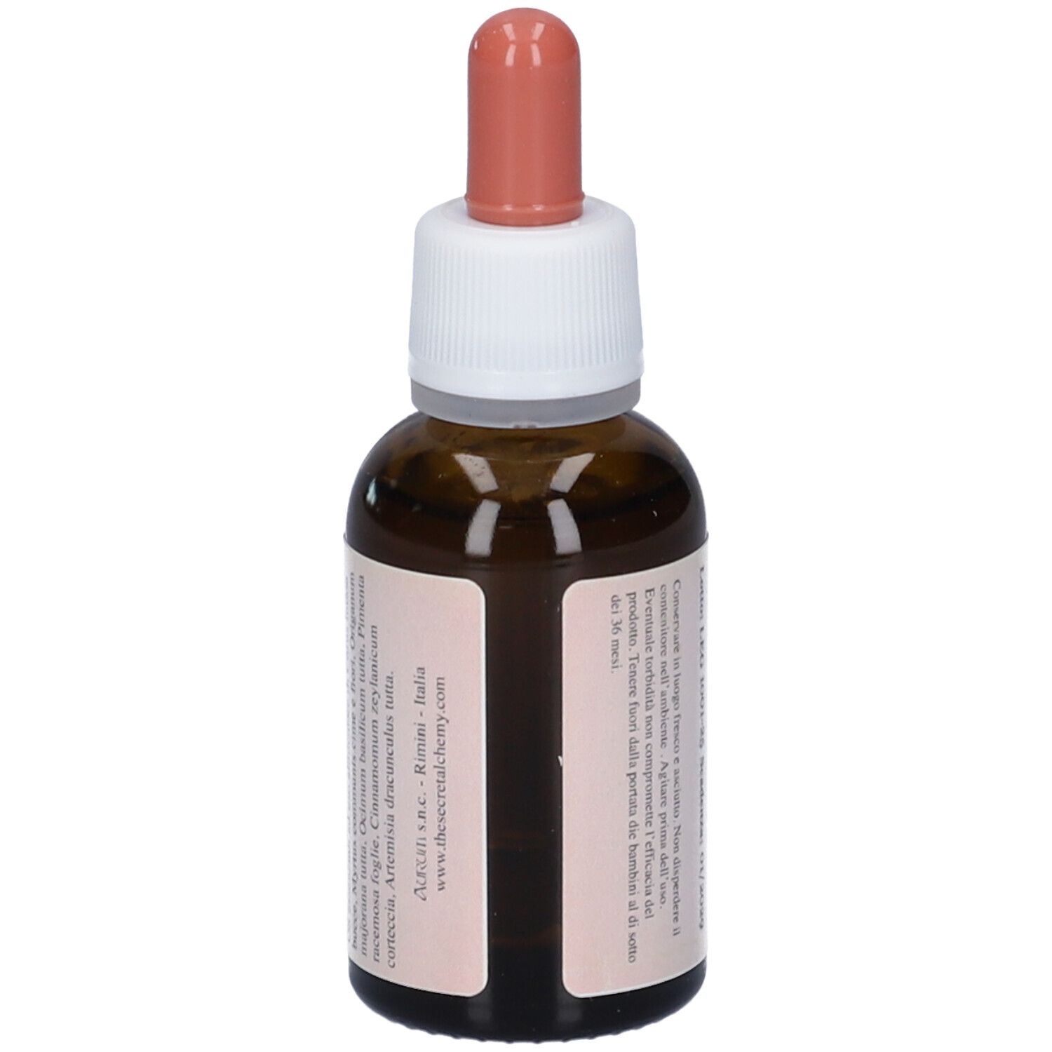 Flacone di vetro marrone con contagocce. Retro con testo. Etichetta con ingredienti e informazioni del produttore.