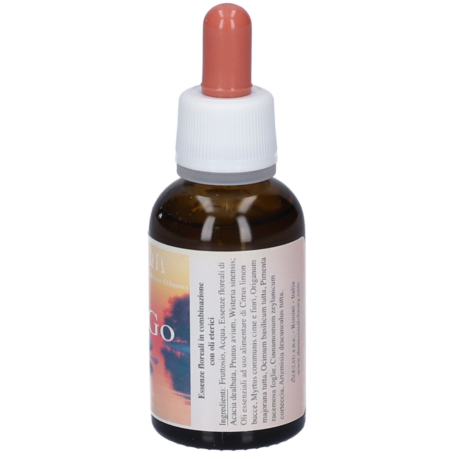 Flacone di vetro marrone con contagocce. Etichetta con ingredienti e nome del prodotto "Let Go".