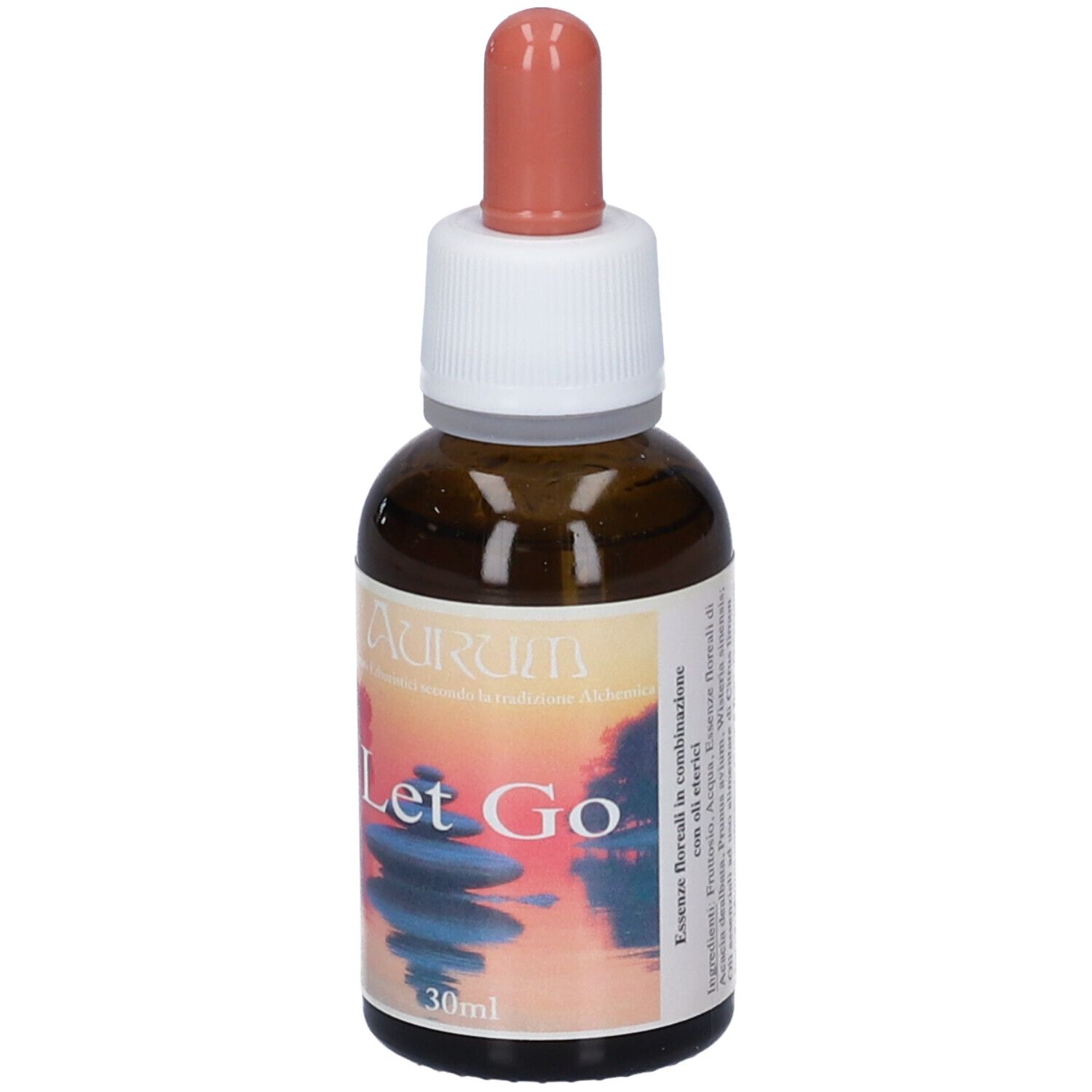 Flacone di vetro marrone con contagocce. Scritta "Let Go" e "30ml". Etichetta con paesaggio e nome del marchio.