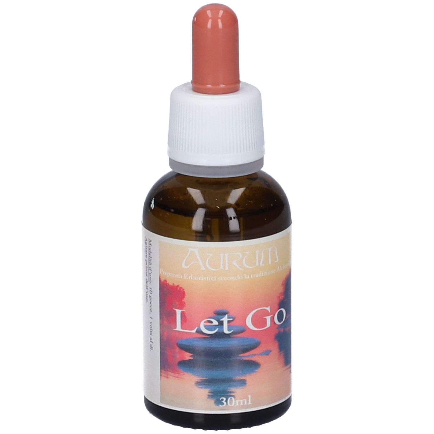 Flacone di vetro marrone con contagocce. Scritta "Let Go" e "30ml". Etichetta con paesaggio e nome del marchio.