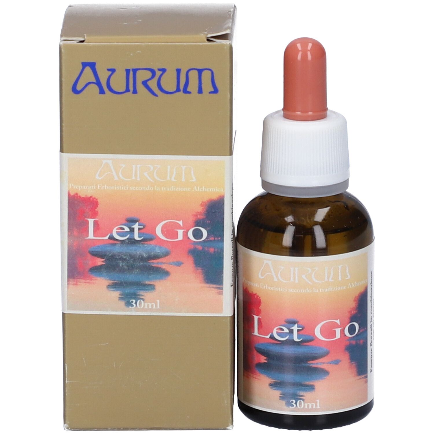 Flacone e confezione del prodotto. Flacone di vetro marrone con contagocce e scatola. Scritta "Let Go" e "30ml".