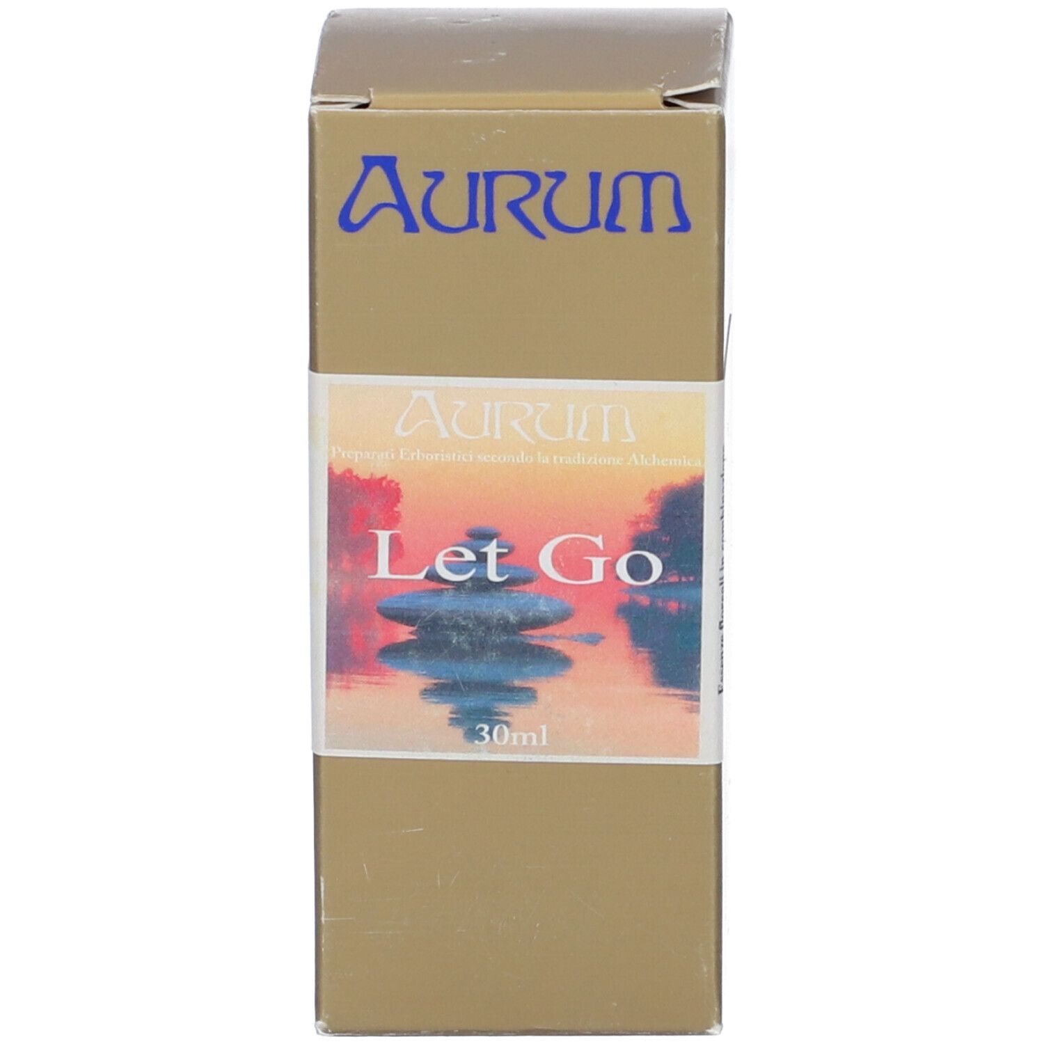 Confezione del prodotto. Scatola dorata con nome del marchio e del prodotto "Let Go".