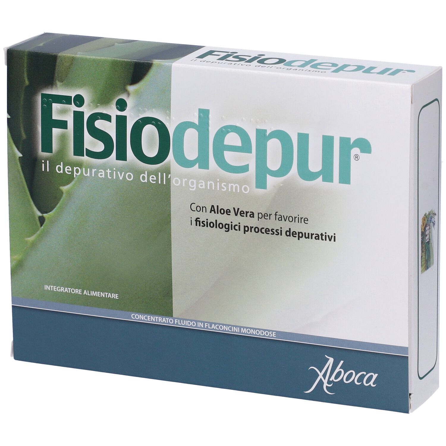 Confezione di Aboca Fisiodepur®. Bianca, verde e blu. Testo: Fisiodepur, il depurativo dell'organismo. Con Aloe Vera.