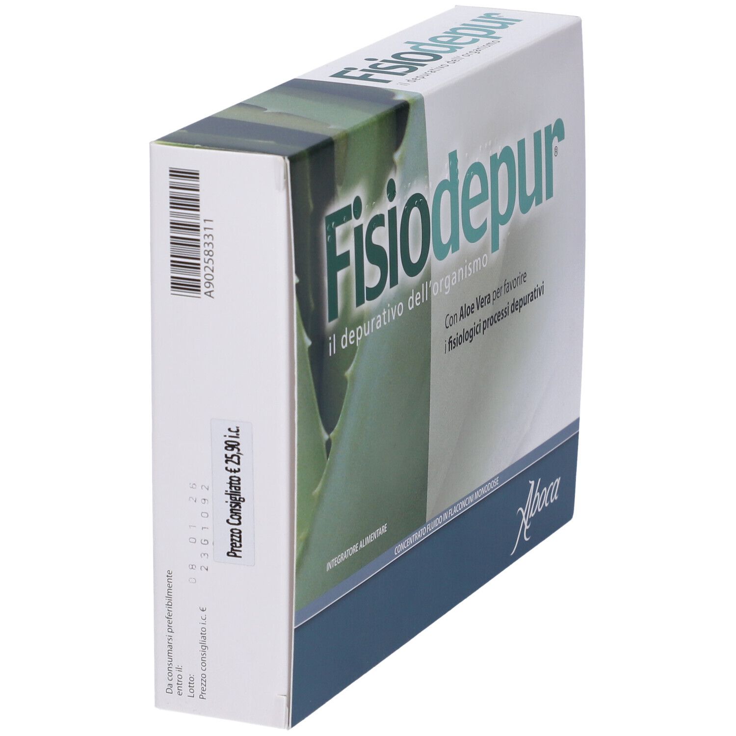 Confezione di Aboca Fisiodepur®. Bianca, verde e blu. Testo: Fisiodepur, il depurativo dell'organismo. Con Aloe Vera.