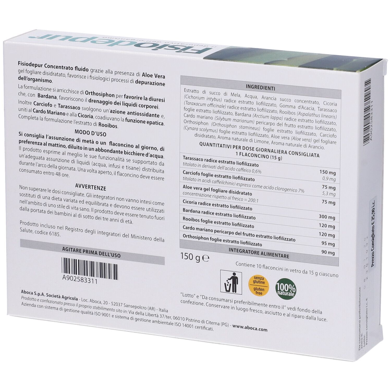 Confezione Aboca Fisiodepur®. Retro con ingredienti e istruzioni per l'uso. Testo in italiano.