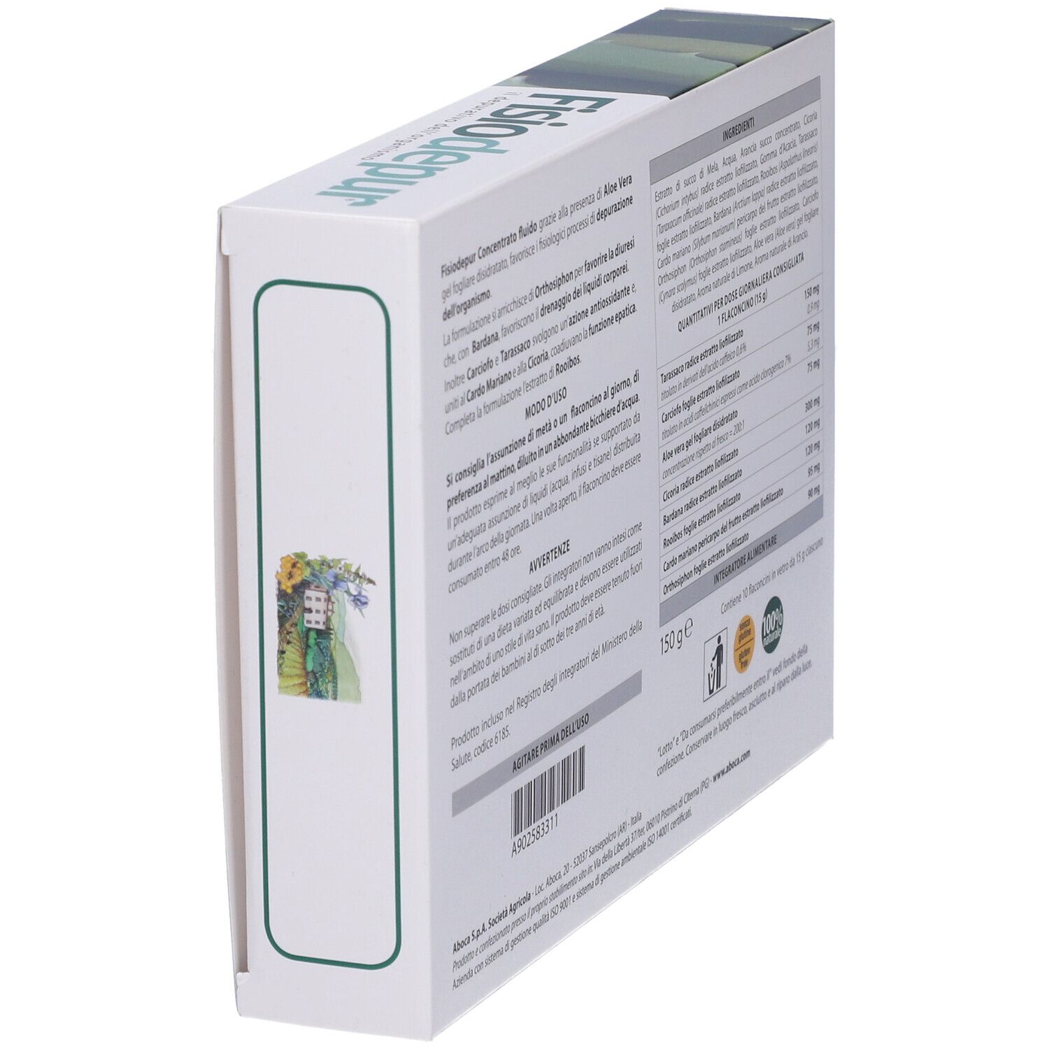 Confezione Aboca Fisiodepur®. Retro con ingredienti e istruzioni per l'uso. Testo in italiano.