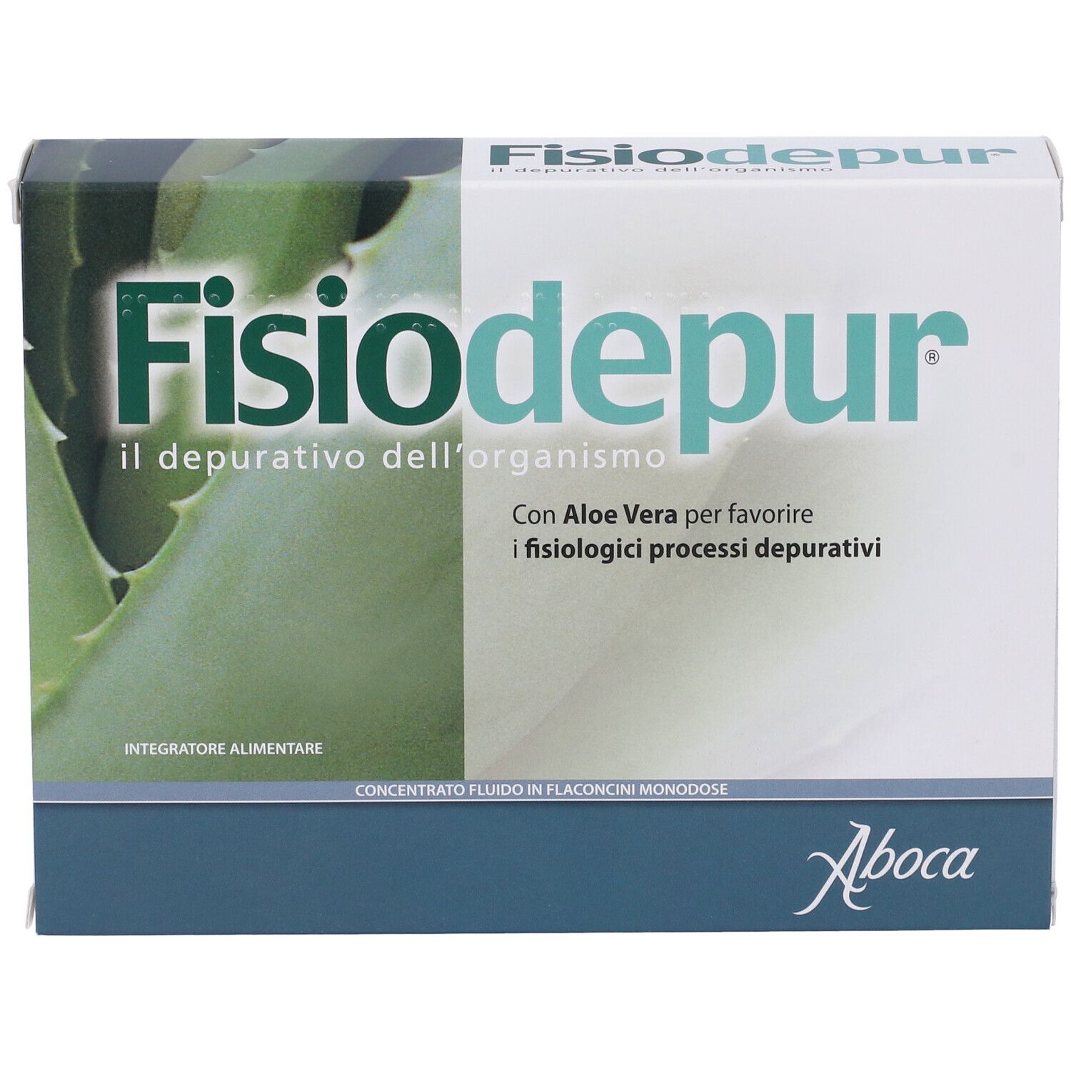 Confezione di Aboca Fisiodepur®. Bianca, verde e blu. Testo: Fisiodepur, il depurativo dell'organismo. Con Aloe Vera.