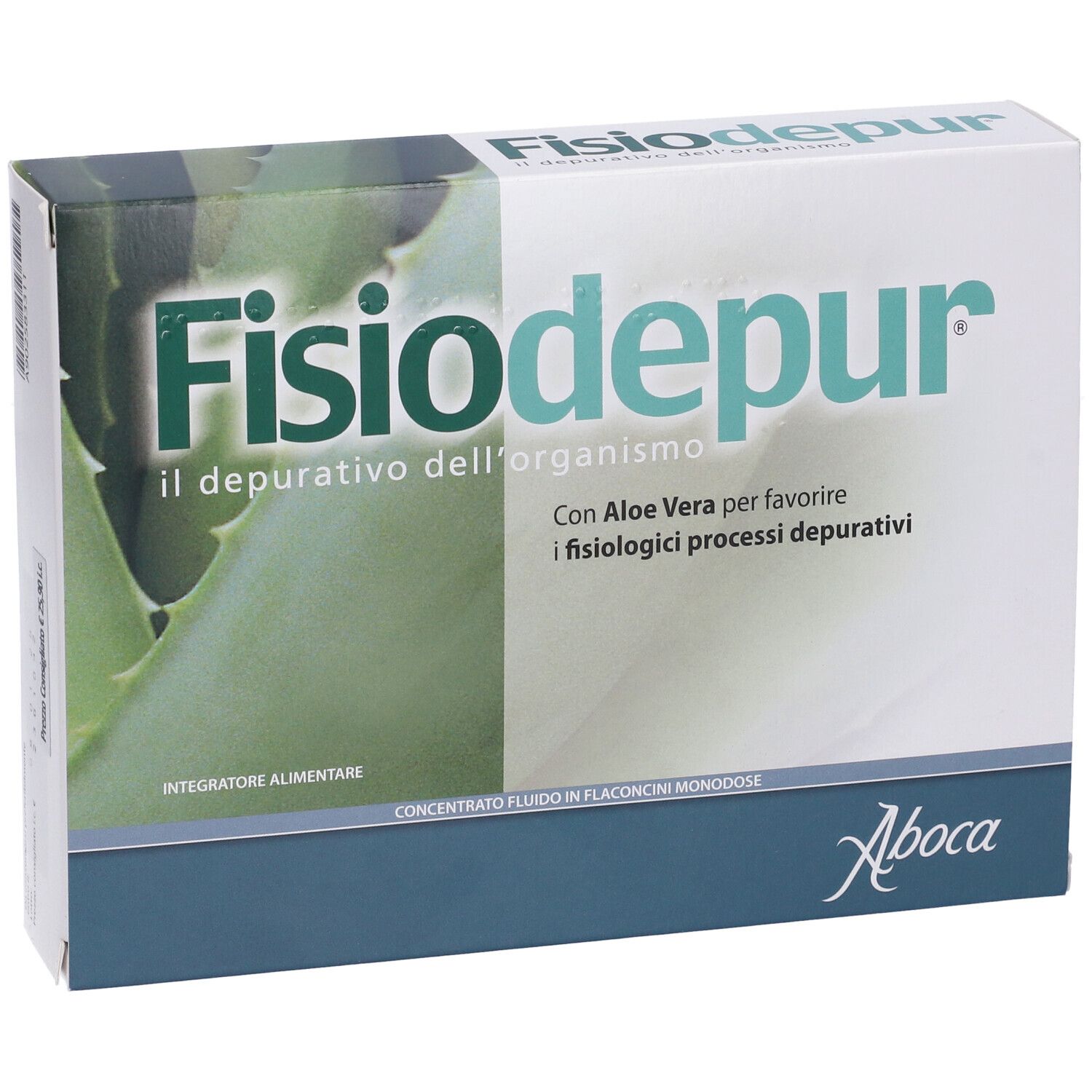 Confezione di Aboca Fisiodepur®. Bianca, verde e blu. Testo: Fisiodepur, il depurativo dell'organismo. Con Aloe Vera.