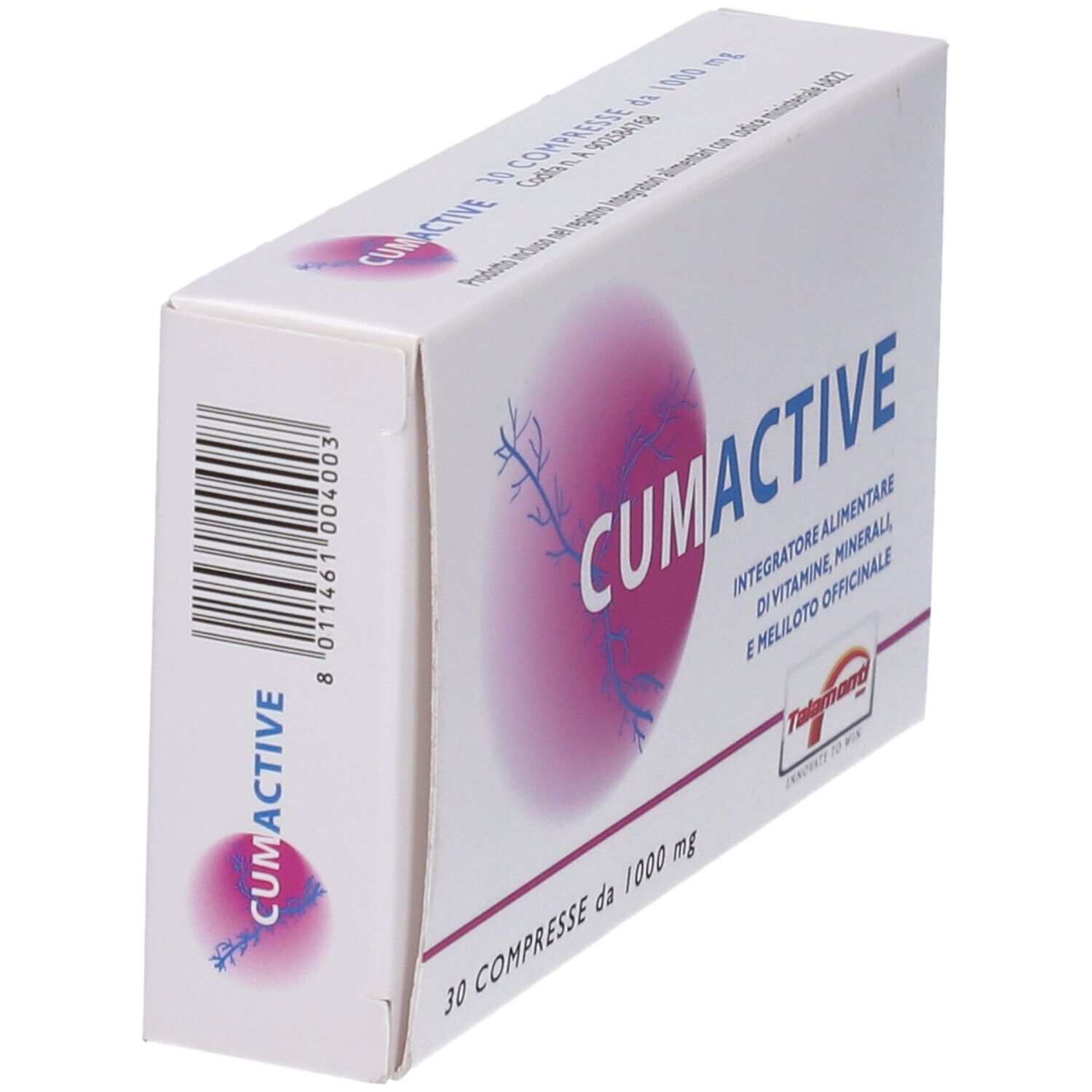 Scatola "CUMACTIVE" con codice a barre. Scritta: 30 Compresse da 1000 mg. Logo e testo in italiano.