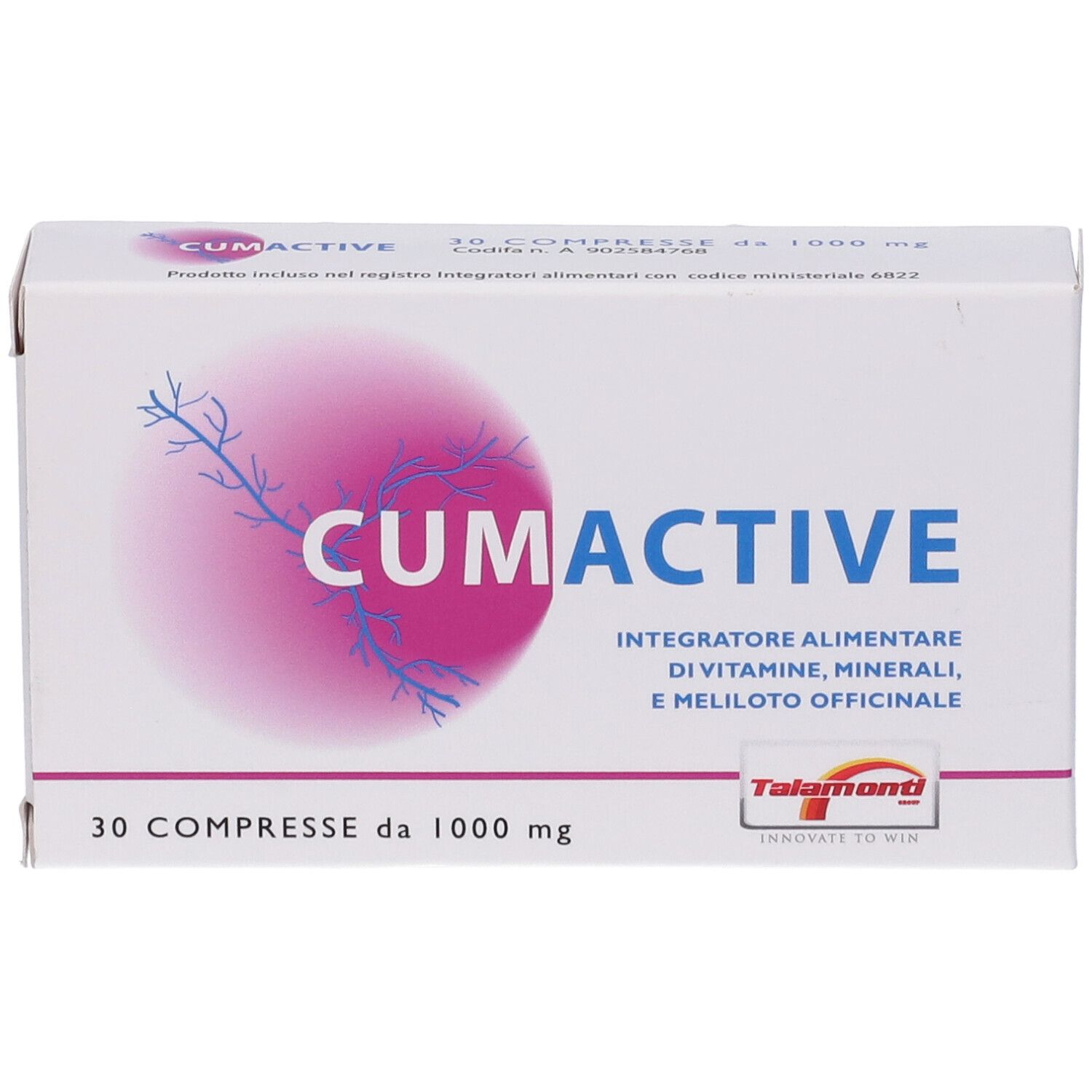 Fronte della scatola "CUMACTIVE". Scritta: 30 Compresse da 1000 mg. Logo e testo in italiano.