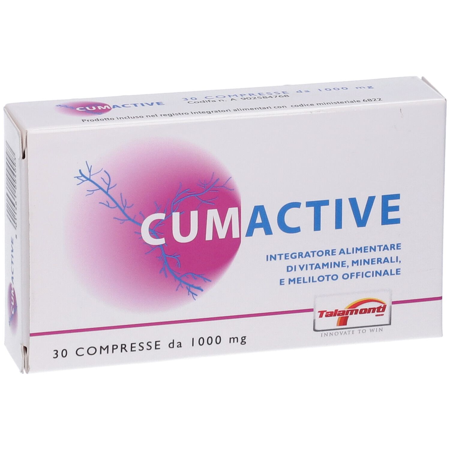Fronte della scatola "CUMACTIVE". Scritta: 30 Compresse da 1000 mg. Logo e testo in italiano.