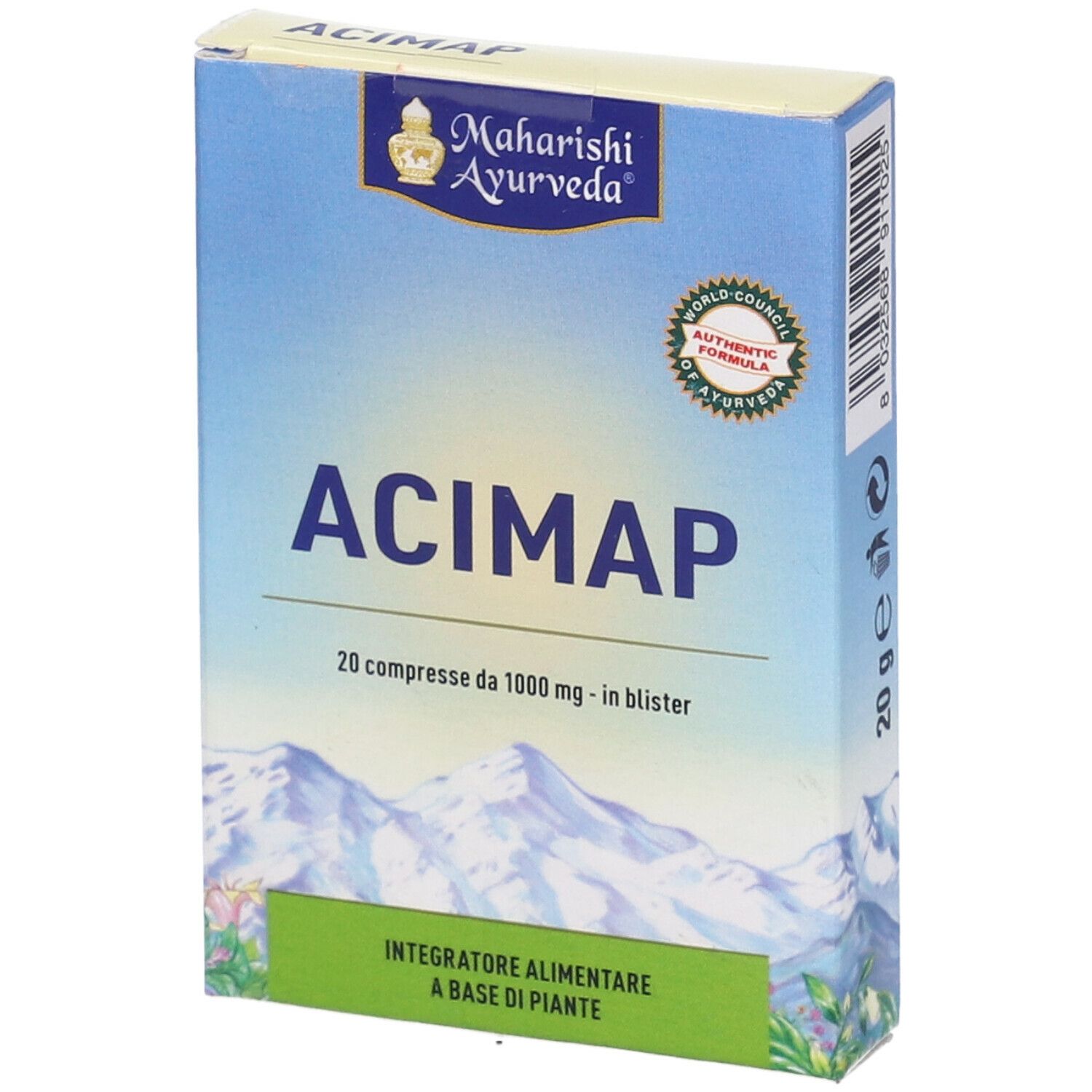 Scatola Acimap, logo, nome prodotto, 20 compresse e logo di certificazione.