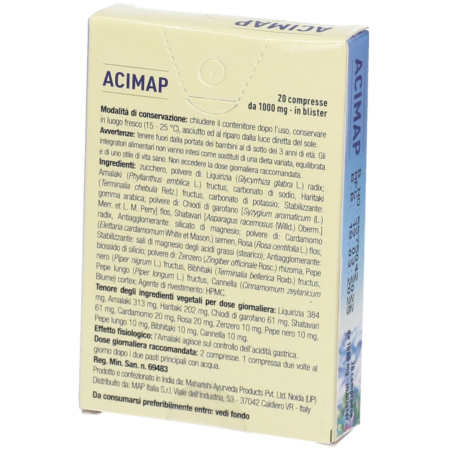 Retro della confezione Acimap con ingredienti, dosaggio e informazioni del produttore.