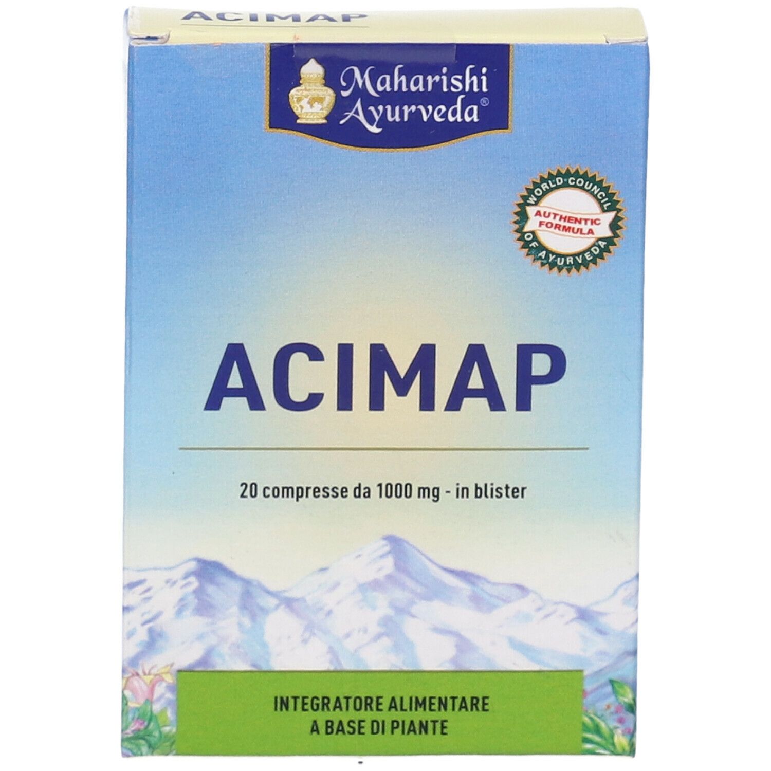Vista frontale della confezione Acimap con logo, nome prodotto, 20 compresse e logo di certificazione.