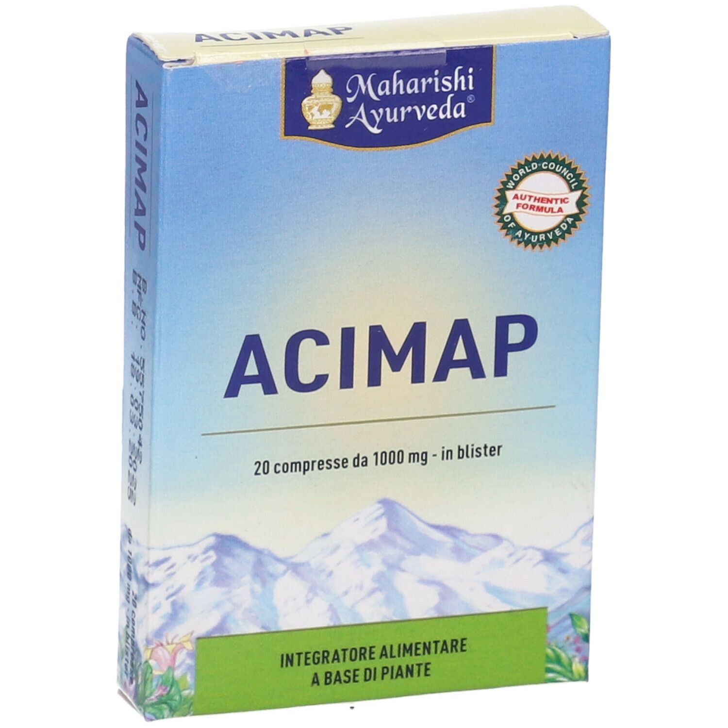 Vista frontale della confezione Acimap con logo, nome prodotto, 20 compresse e logo di certificazione.
