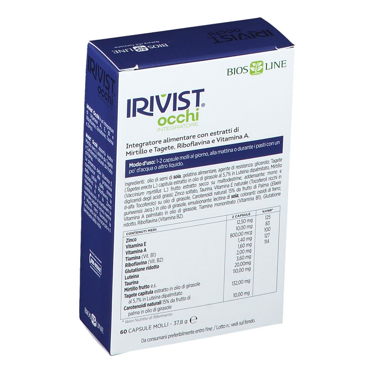 Retro della confezione BIOS LINE IRIVIST Occhi. Contiene informazioni sugli ingredienti e i valori nutrizionali. 60 capsule. Senza glutine.
