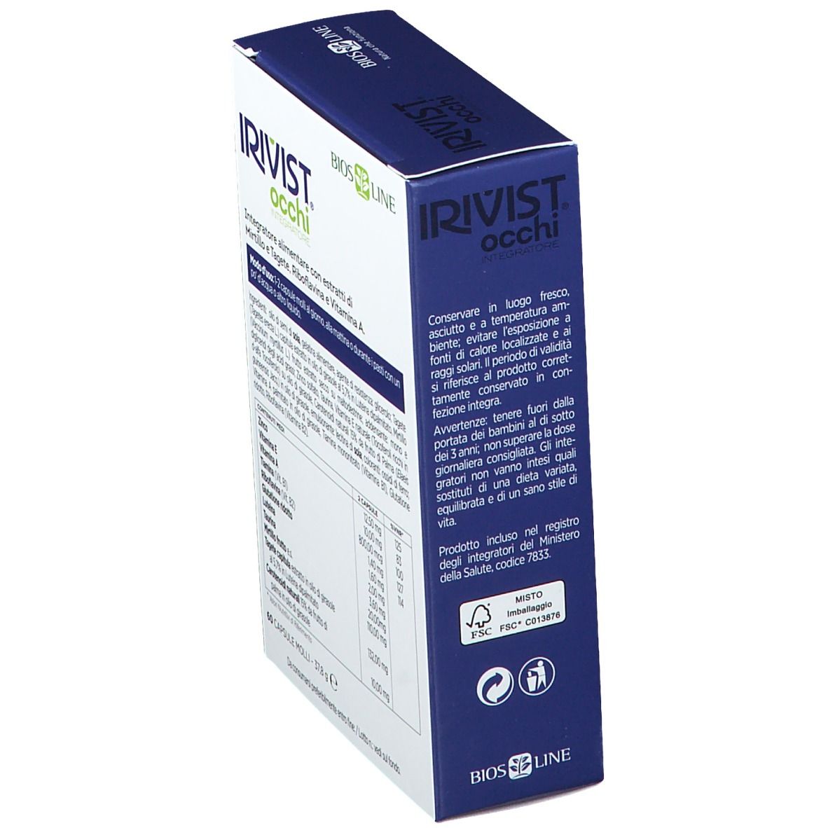 Vista laterale della confezione BIOS LINE IRIVIST Occhi. Contiene informazioni sulla conservazione e avvertenze. Logo FSC.