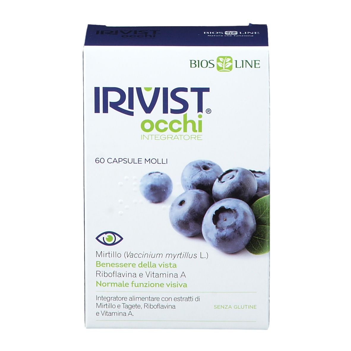 Confezione BIOS LINE IRIVIST Occhi. Scritta: 60 capsule. Illustrazione di mirtilli. Contiene estratto di mirtillo, riboflavina e vitamina A.