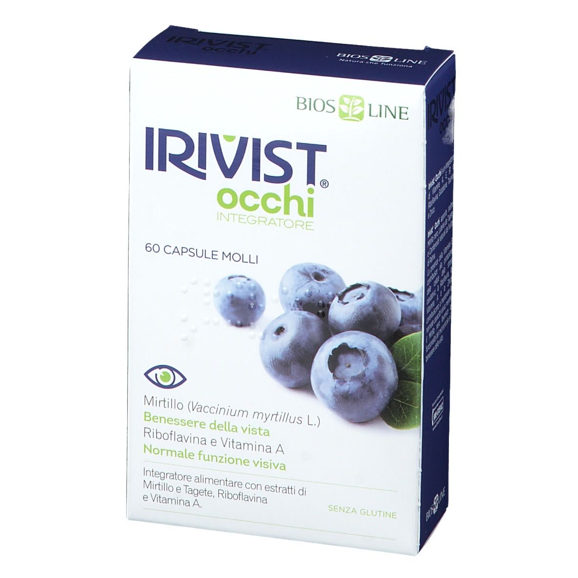 Confezione BIOS LINE IRIVIST Occhi. Scritta: 60 capsule. Illustrazione di mirtilli e foglie. Contiene estratto di mirtillo, riboflavina e vitamina A.