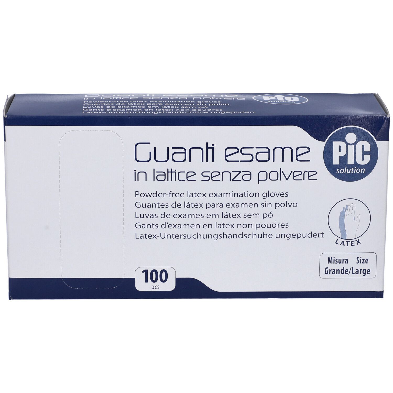 Scatola di guanti da esame PIC in lattice senza polvere. 100 pezzi, taglia Grande/Large.