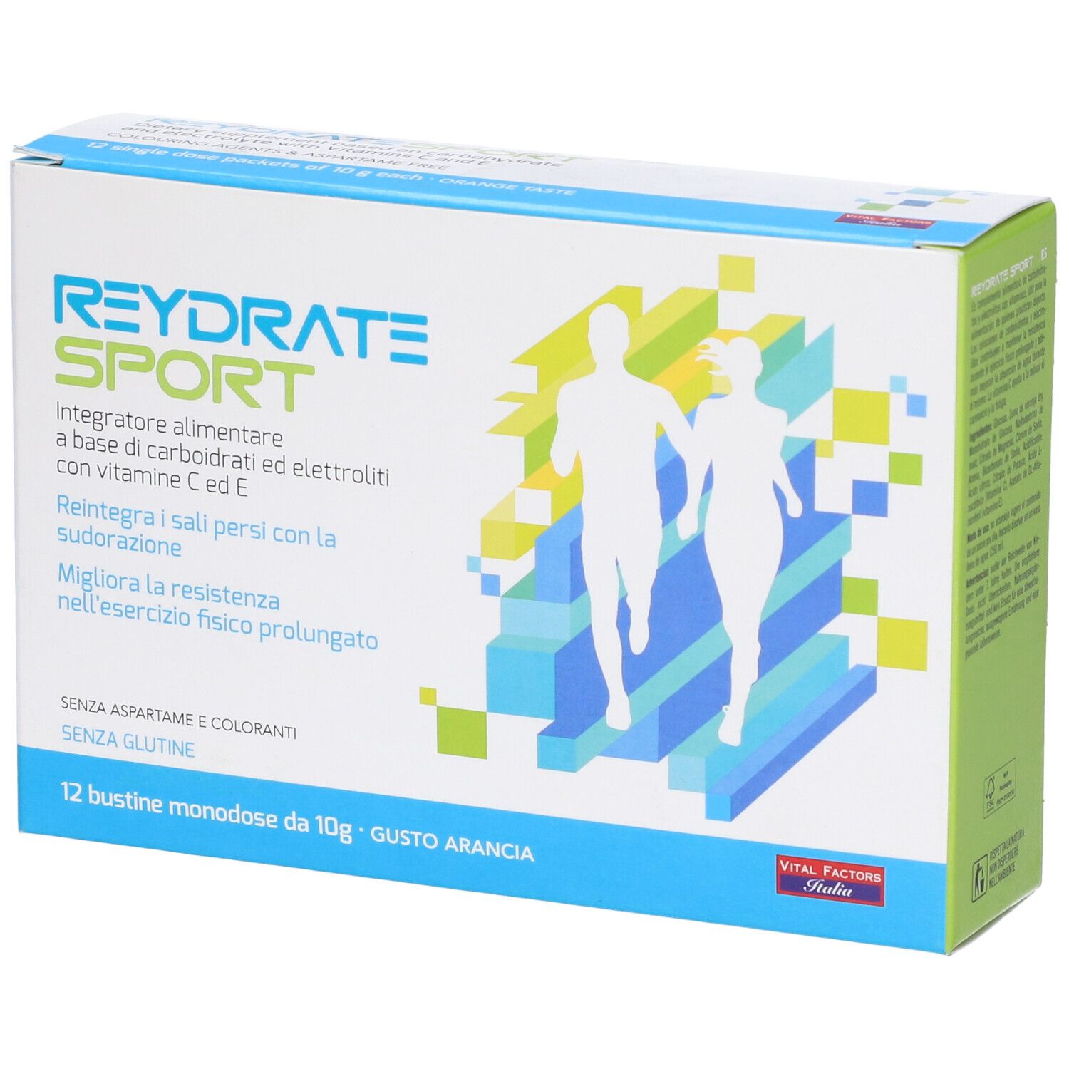 Confezione di Reydrate Sport Polvere. Contiene 12 bustine. Scritta: Soluzione di carboidrati ed elettroliti con vitamine C ed E.