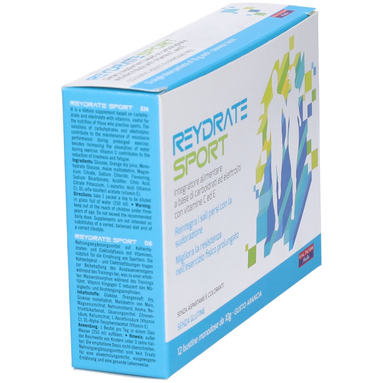 Confezione di Reydrate Sport Polvere. Contiene 12 bustine. Scritta: Soluzione di carboidrati ed elettroliti con vitamine C ed E.