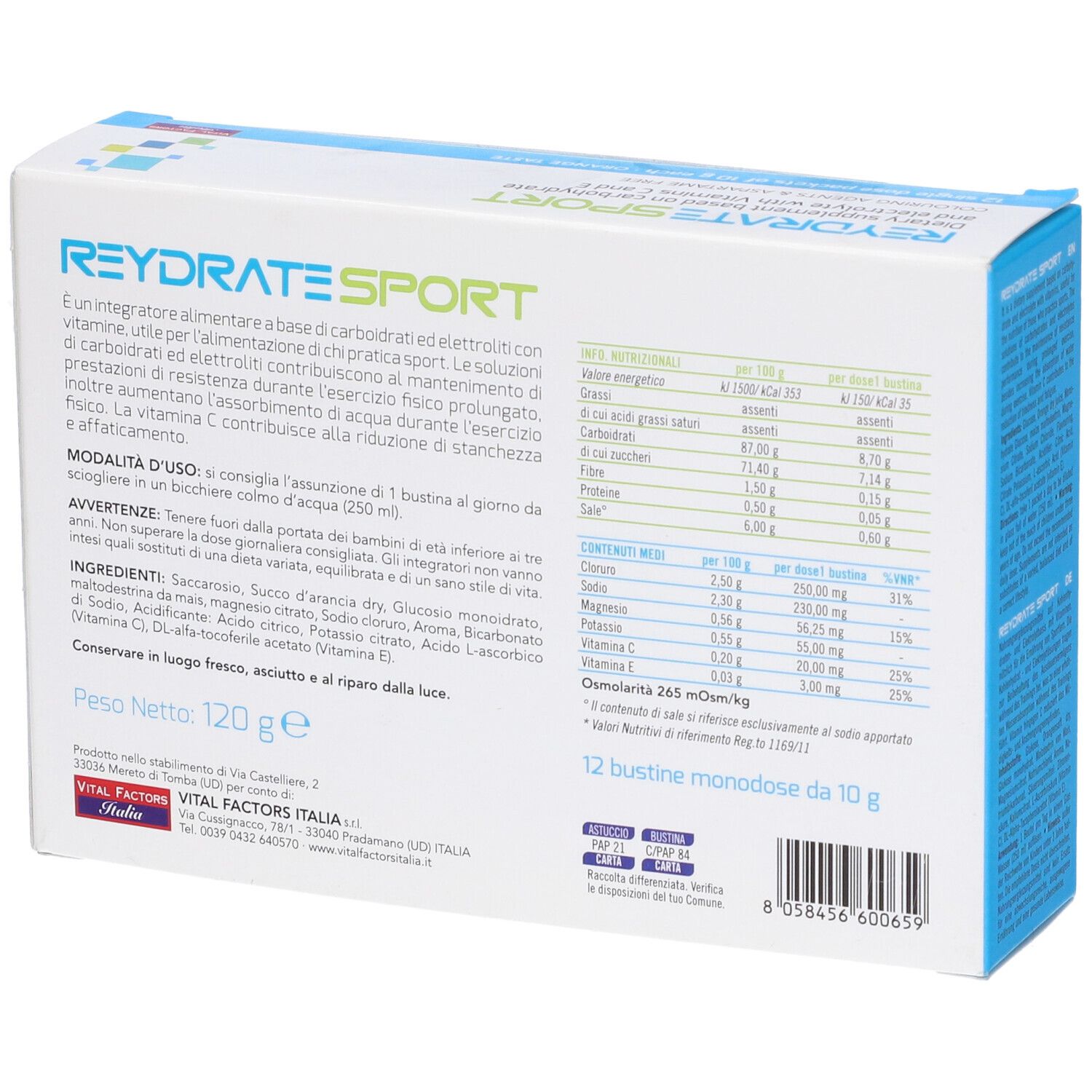 Confezione di Reydrate Sport Polvere. Contiene 12 bustine. Scritta: Soluzione di carboidrati ed elettroliti con vitamine C ed E.