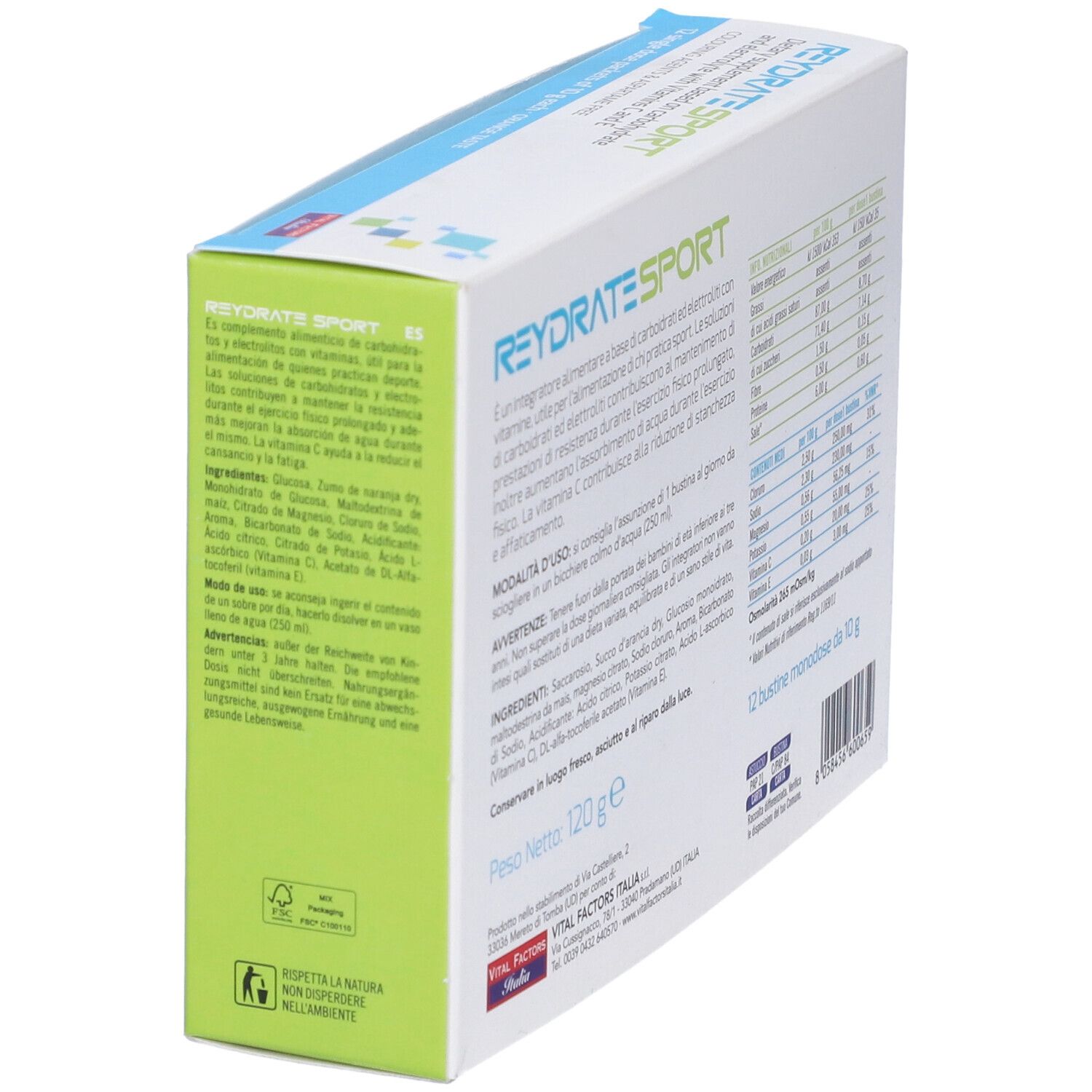 Confezione di Reydrate Sport Polvere. Contiene 12 bustine. Scritta: Soluzione di carboidrati ed elettroliti con vitamine C ed E.