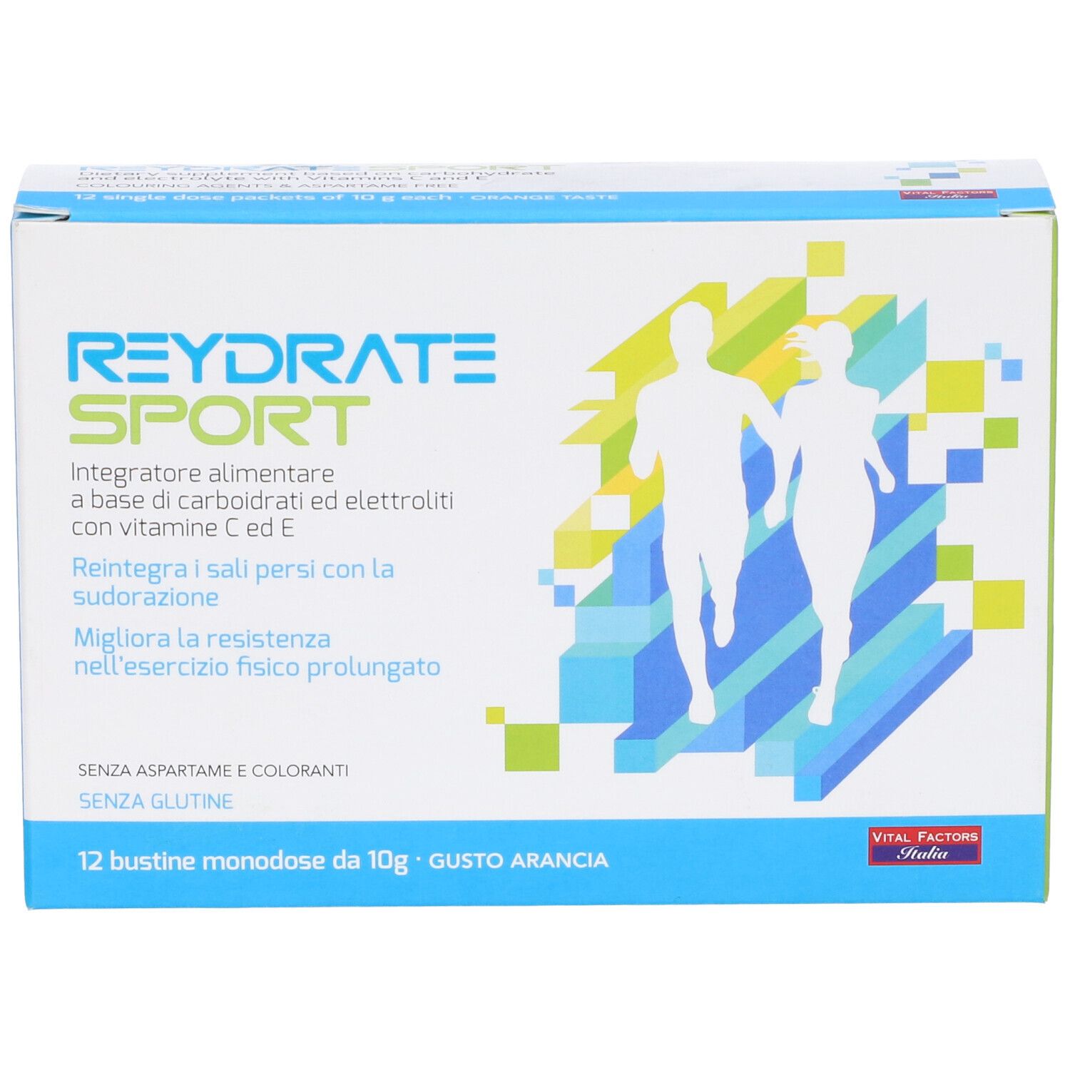 Confezione di Reydrate Sport Polvere. Contiene 12 bustine. Scritta: Soluzione di carboidrati ed elettroliti con vitamine C ed E.
