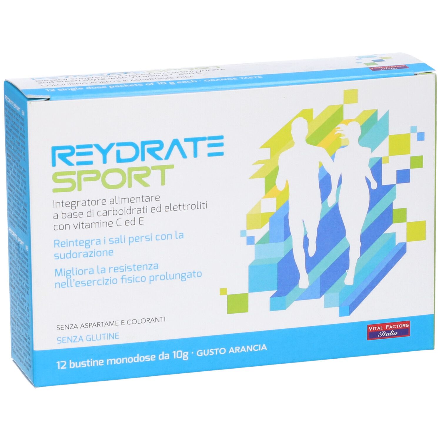 Confezione di Reydrate Sport Polvere. Contiene 12 bustine. Scritta: Soluzione di carboidrati ed elettroliti con vitamine C ed E.