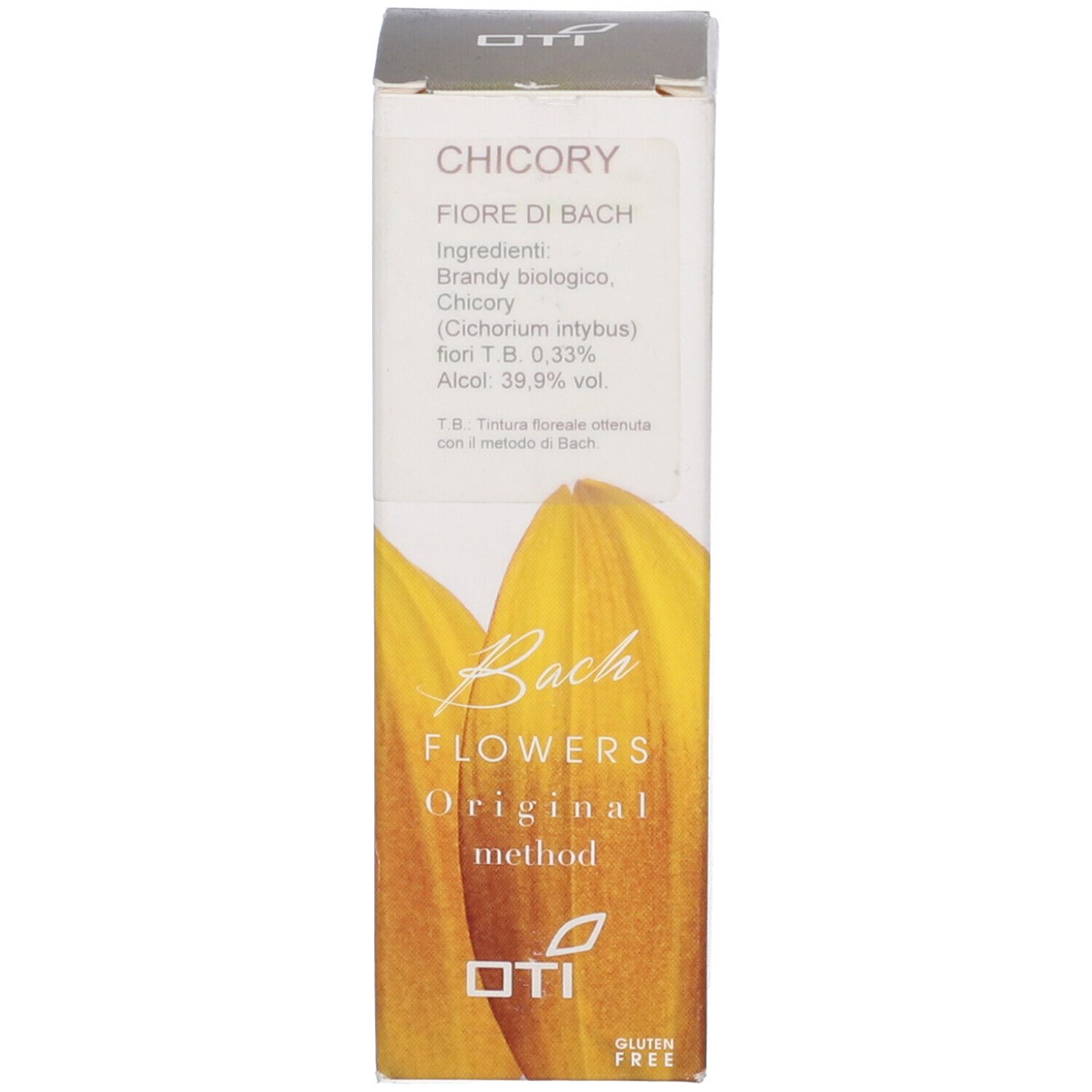Scatola con nome prodotto e fiore giallo. Senza glutine. Testo: Bach Flowers, Original method, OTI.